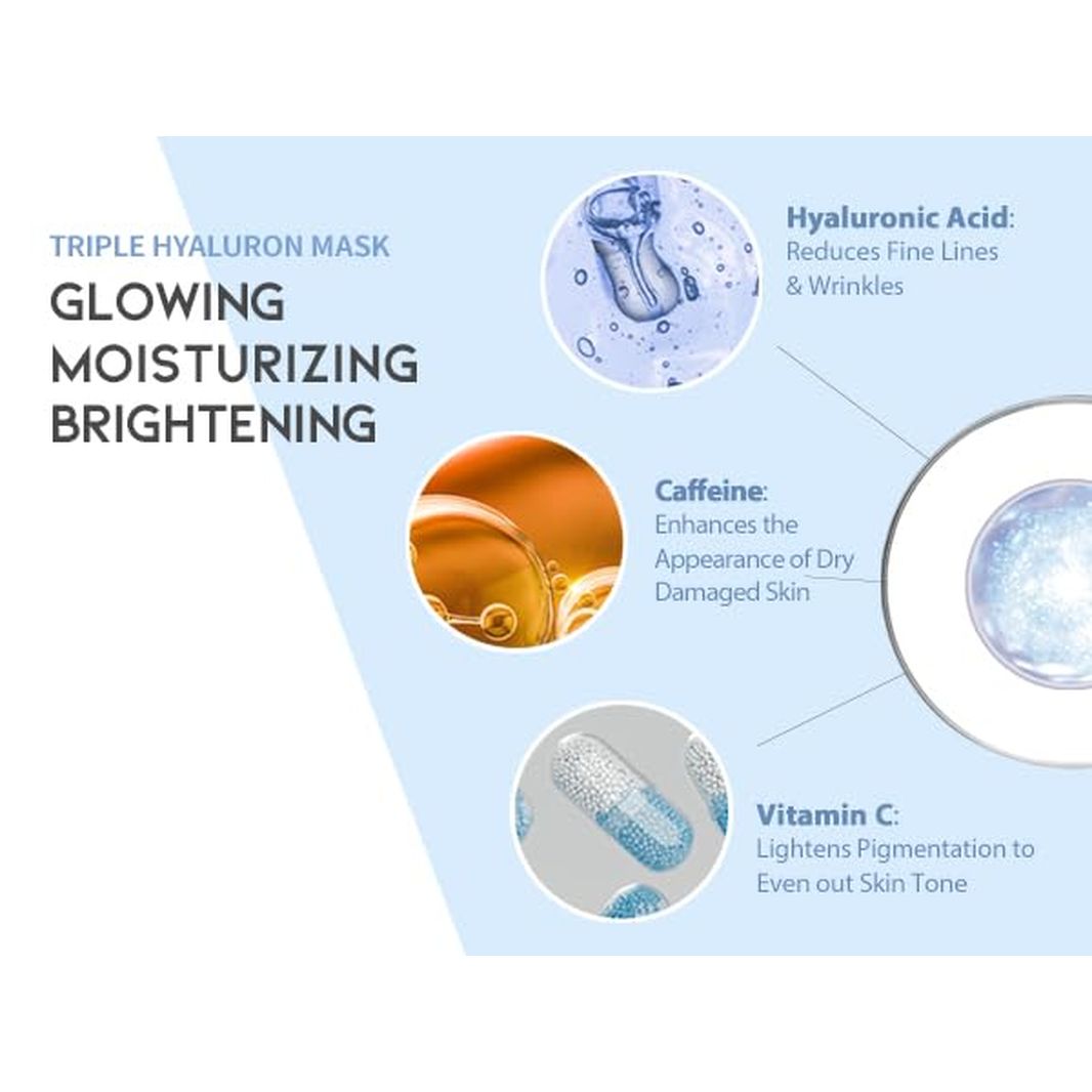 Triple Hyaluron Hydrating Mask for Dry and Sensitive Skin, anti Aging, Tightening and Moisturizing, Korean Vegan Beauty, Hyaluronic Acid, Caffeine, Vitamin C 10EA