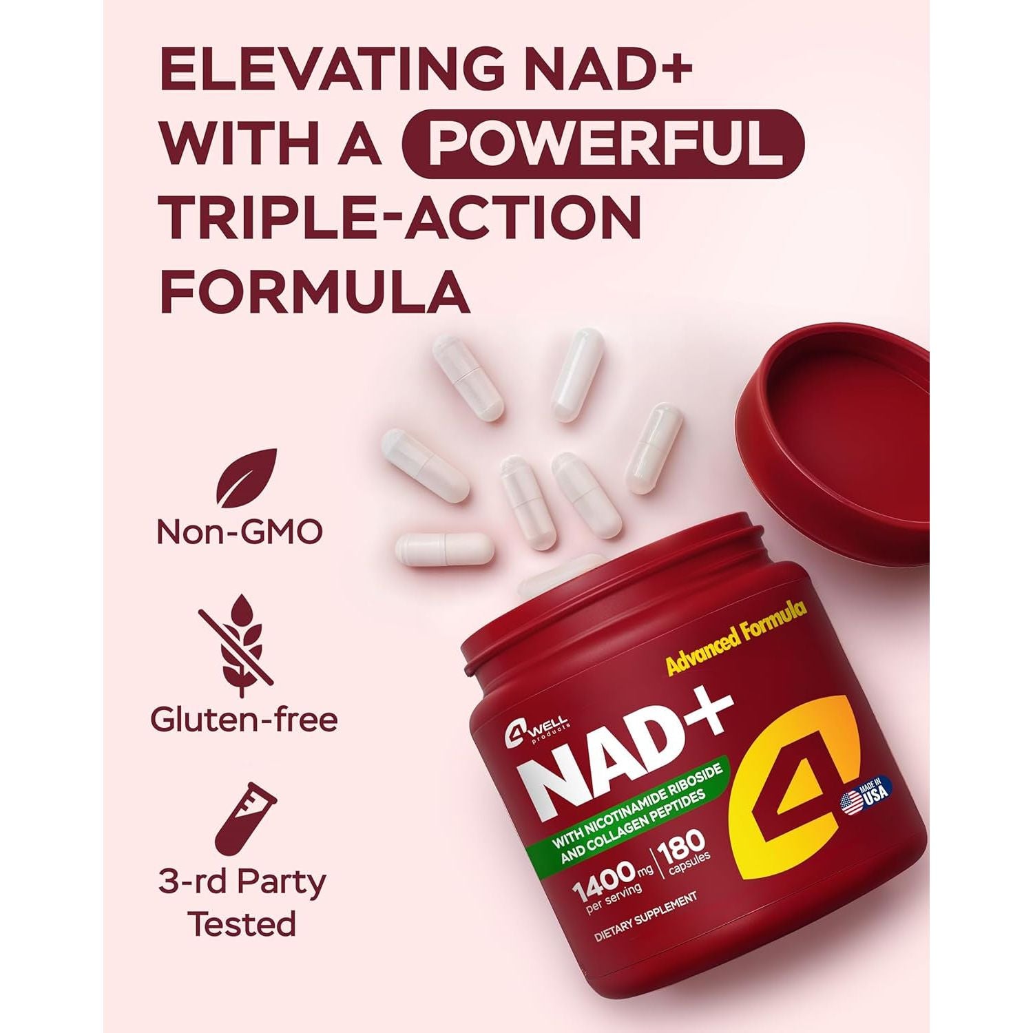 4Well NAD+ with Nicotinamide Riboside & Collagen Peptides – 180 Capsules | Cellular Energy, Skin Health & Healthy Aging