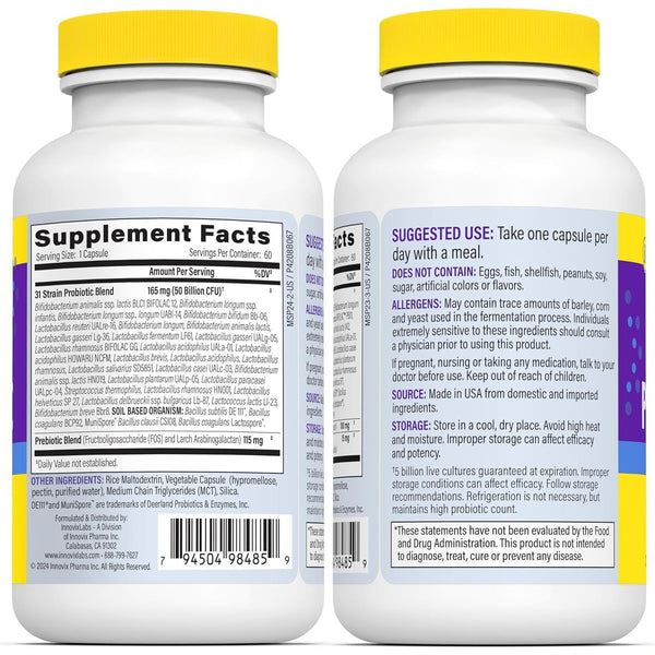 InnovixLabs Multi-Strain Probiotics – 60 Capsules | 50 Billion CFU | 31 Strains + Prebiotics | Gut Health, Digestion & Immunity for Women & Men