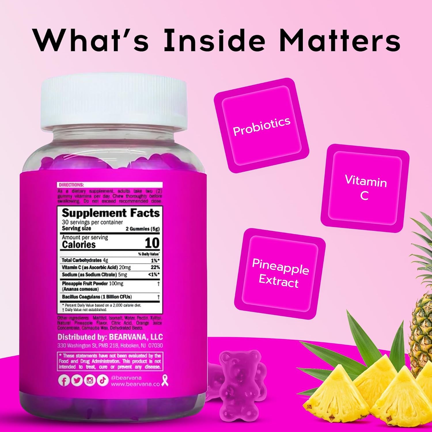 BEARVANA Vaginal pH Balance Probiotic Gummies – Pineapple Flavor, 60 Vegan Gummies | Feminine Freshness, Gut & Immune Support