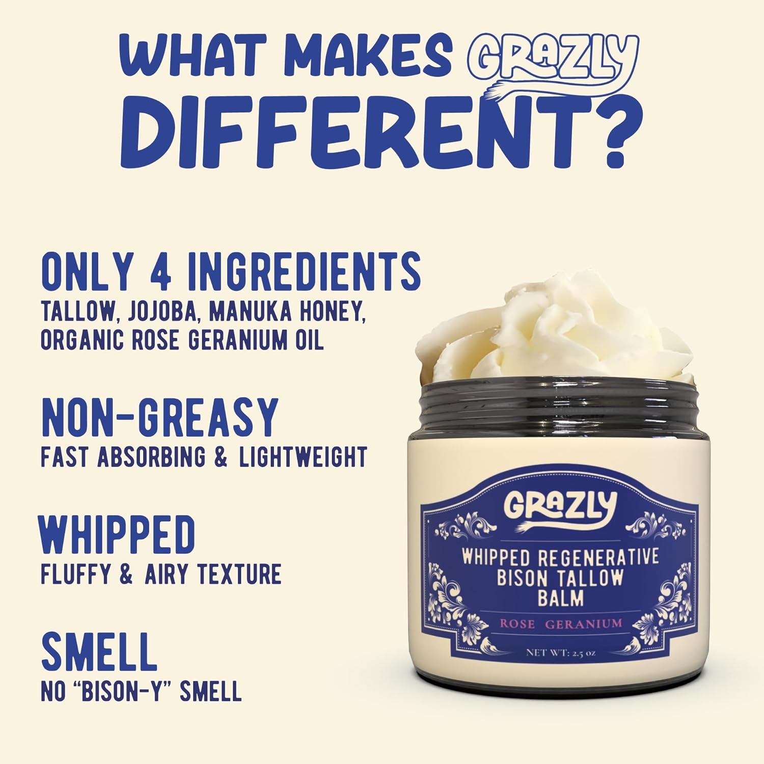 Grazly Whipped Regenerative Bison Tallow Balm (Rose) – 75ml | Soothing Hydration & Skin Renewal