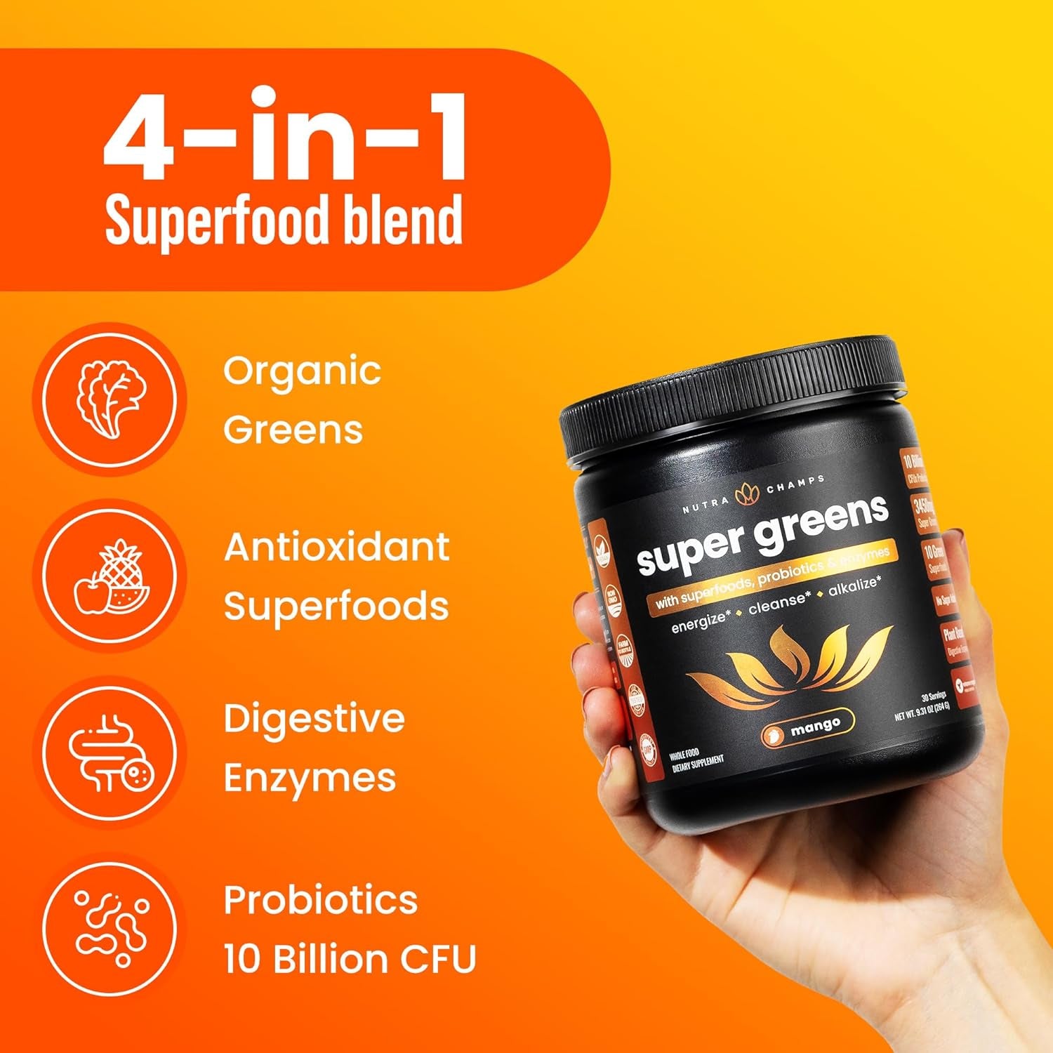 NutraChamps Super Greens Powder | Mango Flavor– 249g, 30 Servings | 40+ Nutrients & Probiotics