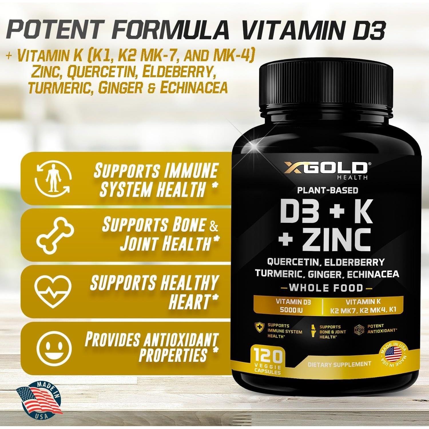 X Gold Health Plant-Based D3 + K + Zinc – 120 Capsules | 8-in-1 Immune, Bone & Heart Support