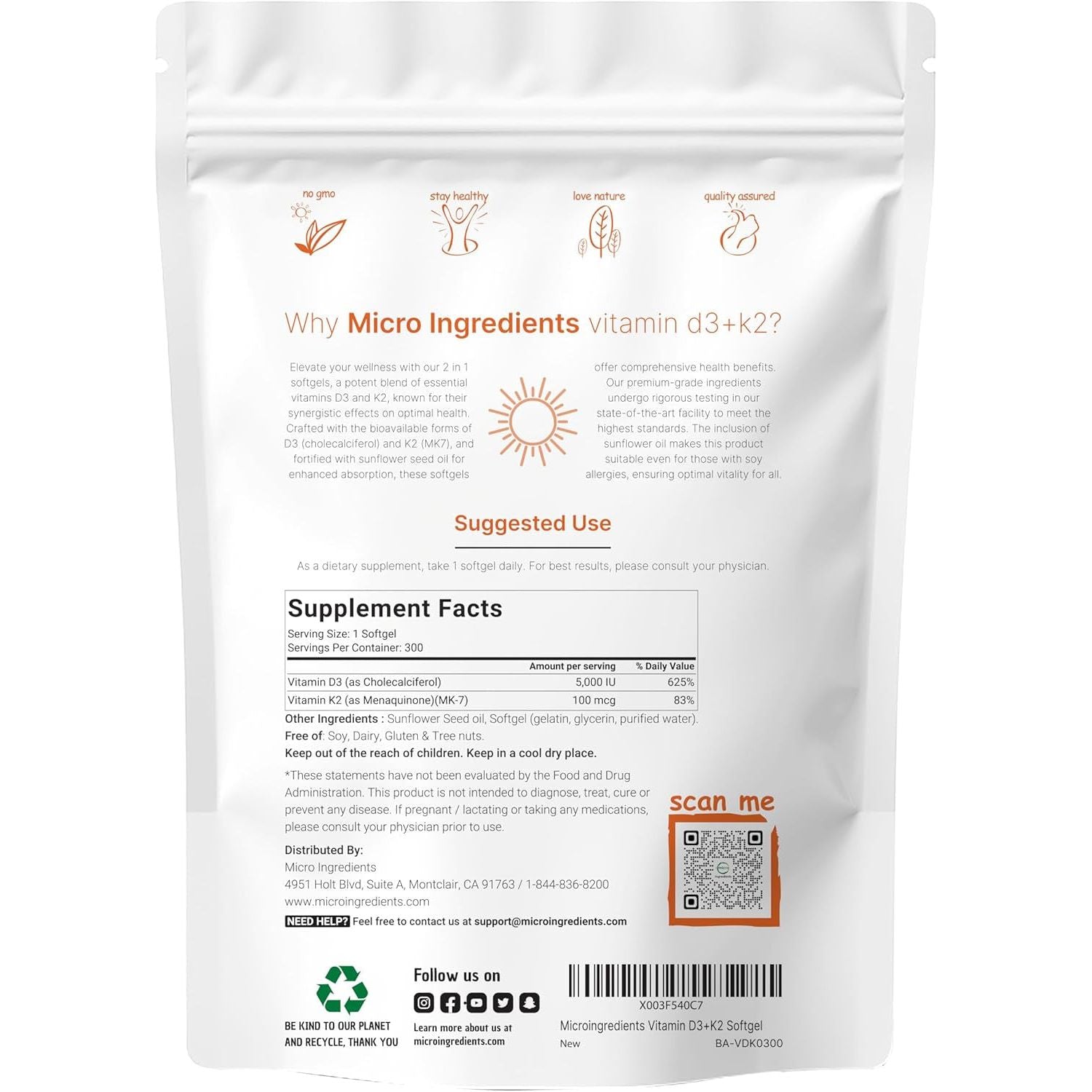 Micro Ingredients Vitamin D3 + K2 Supplement – 300 Softgels | 2-in-1 Bone, Heart & Immune Support with MK7 & Sunflower Oil