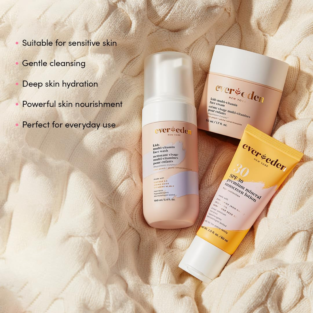 Evereden Kids Daily 1-2-3 Routine Bundle – Peach Scent (3-Step Set) | Clean, Vegan Skincare for Kids with SPF 30 Protection