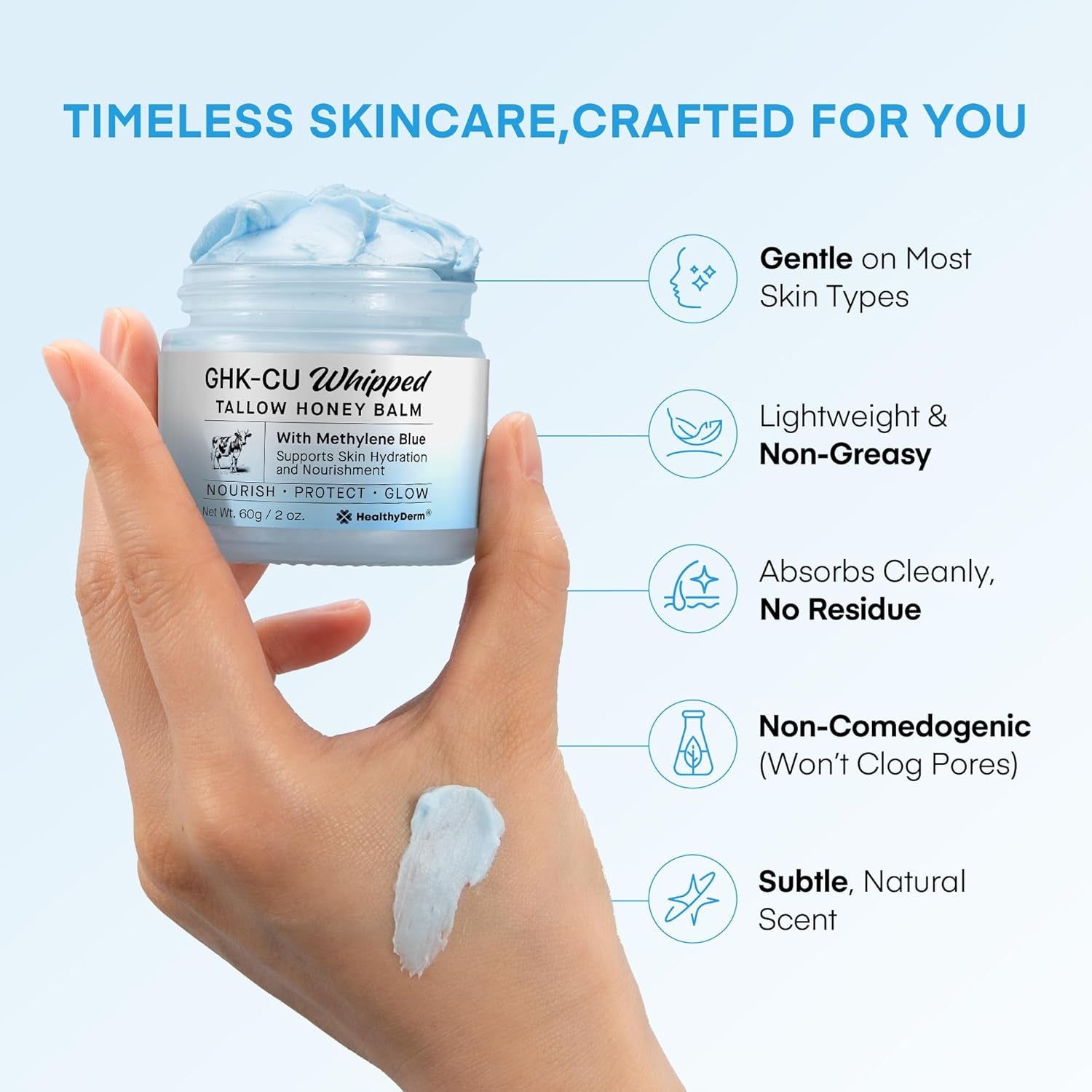 HealthyDerm GHK-CU Whipped Tallow Honey Balm with Methylene Blue – 60g | Repair Skin, Boost Collagen & Antioxidant Protection