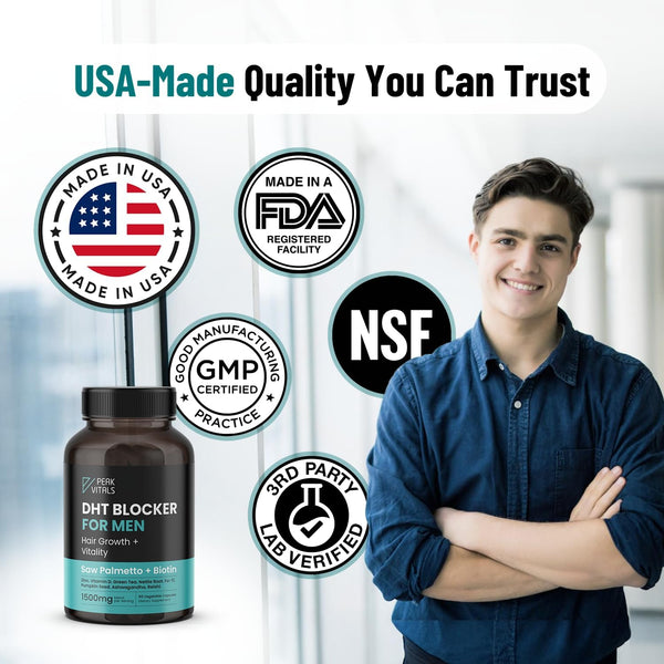 PEAK VITALS DHT Blocker for Men – 90 Capsules | Hair Regrowth Supplement with Biotin, Saw Palmetto & Adaptogens