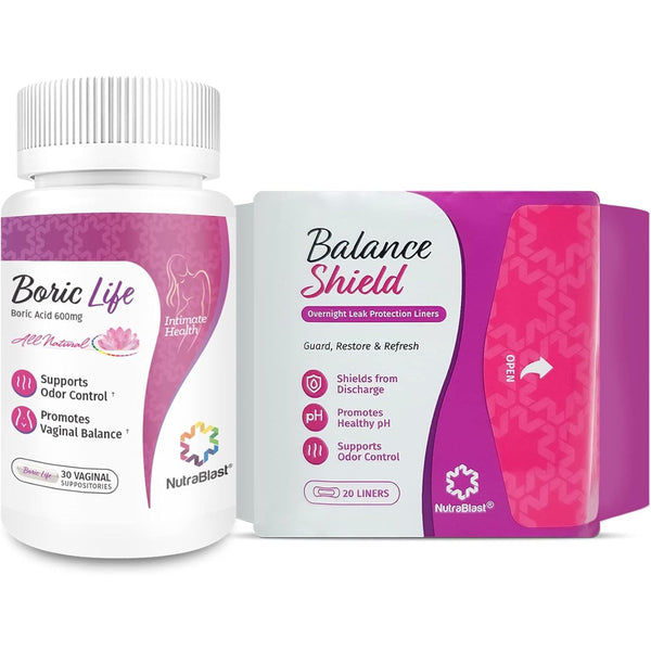 NutraBlast Boric Acid Vaginal Suppositories 600Mg (30 Count) Bundle with Balance Shield Panty Liners (180Mm, 20-Pack) | Discharge & Odor-Proof Layers | Charcoal-Infused Bamboo Balancing Core