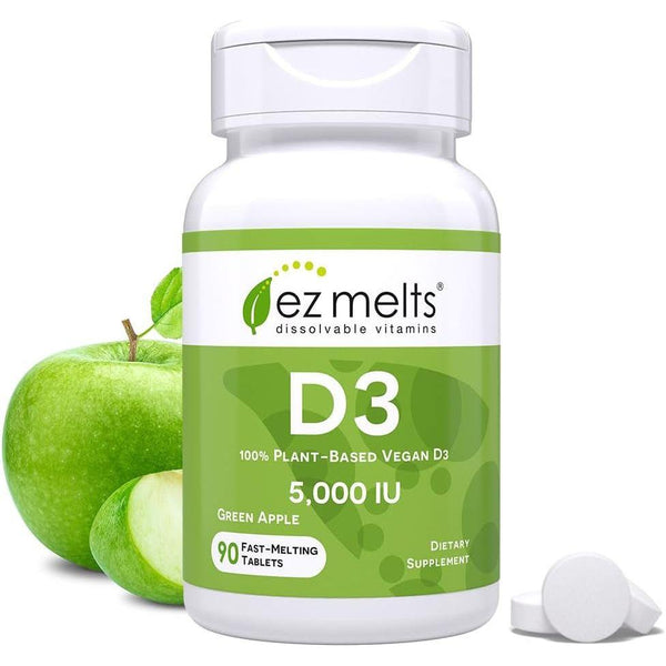 EZ Melts Dissolvable Vitamin D3 5,000 IU – 90 Tablets | Fast-Melting Green Apple Immune & Bone Support