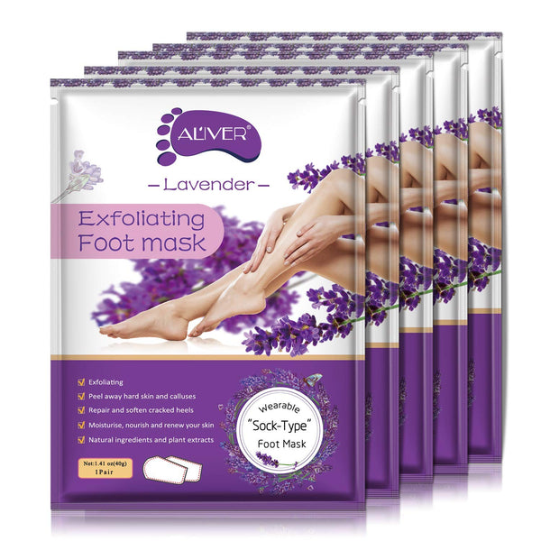 ALIVER Exfoliating Foot Mask – Lavender – 5 Pack | Peels Dead Skin for Baby-Soft Feet