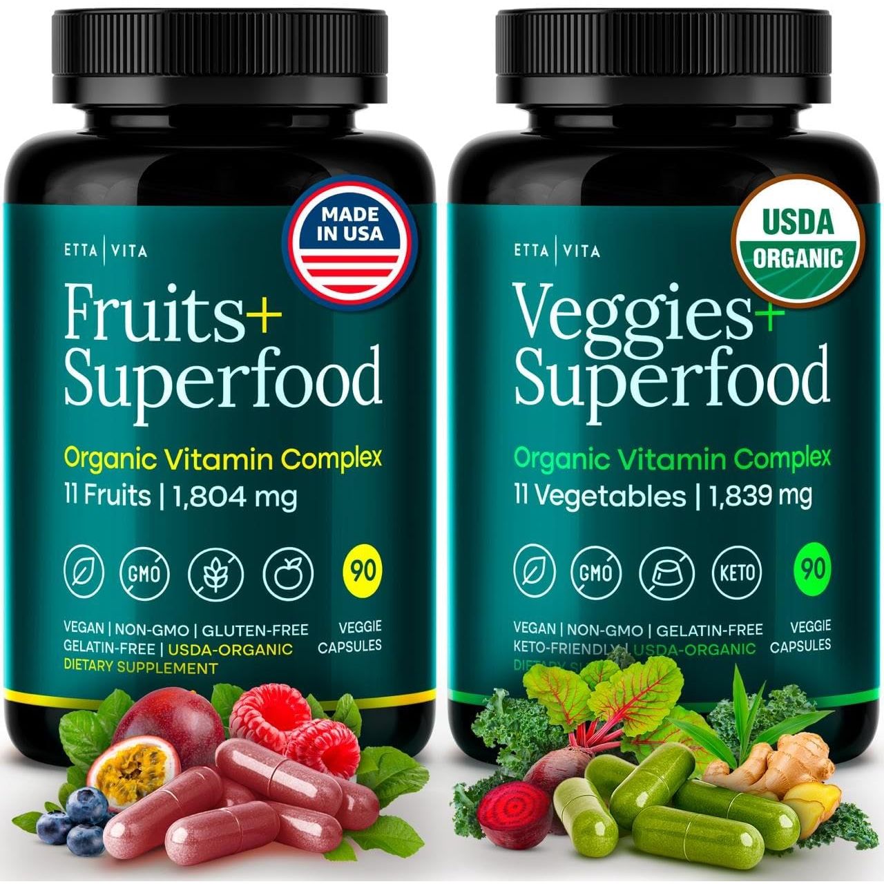 100% Organic Fruits and Veggies Supplement (USDA Organic - Made in USA) 180 Potent Fruits and Vegetable Capsules for Energy Boost & Daily Fruit and Vegetable Vitamins - Vegan, Non-Gmo, Gluten-Free