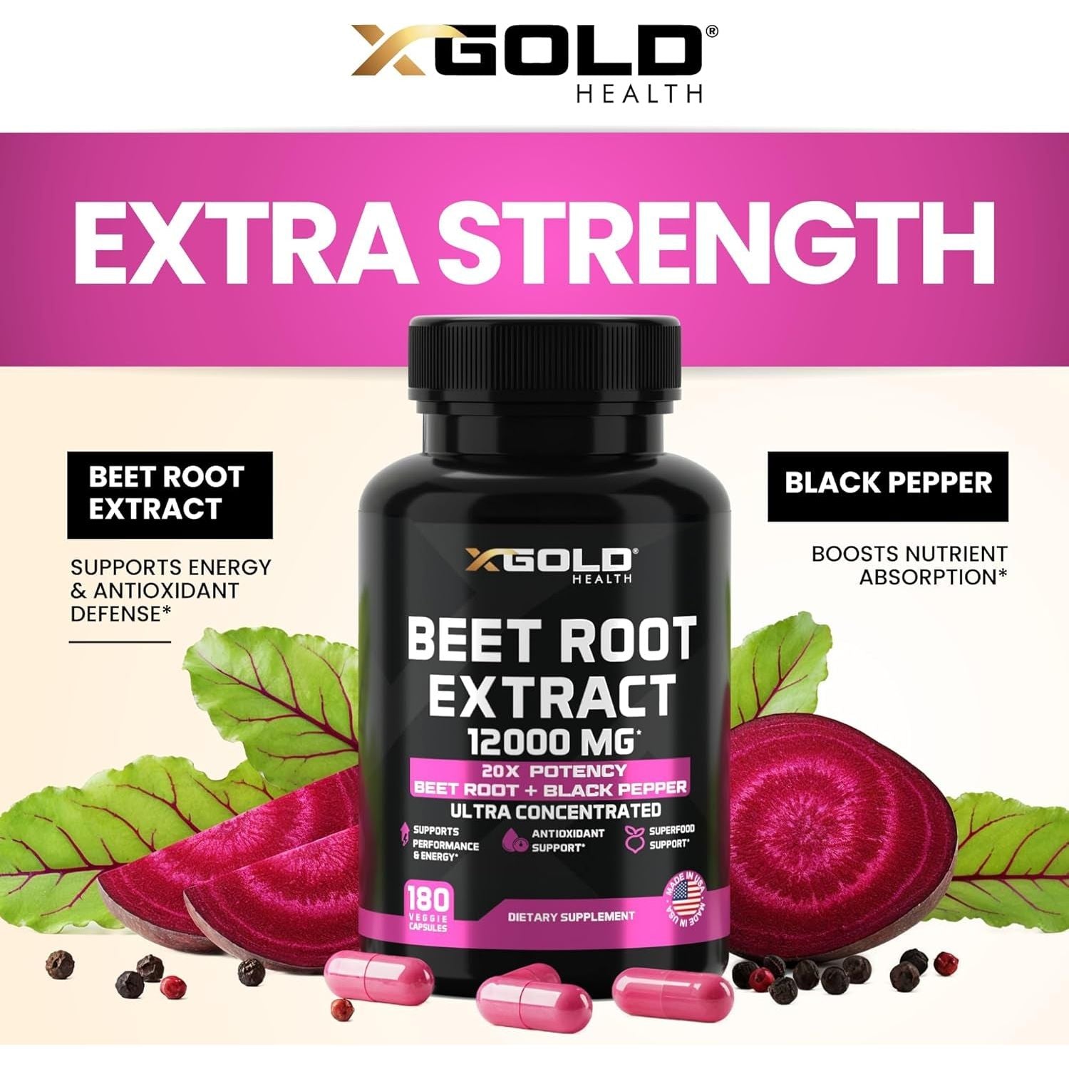 X Gold Health Beet Root Extract 12000mg – 180 Capsules | High-Potency Nitric Oxide Booster for Energy, Endurance & Circulation