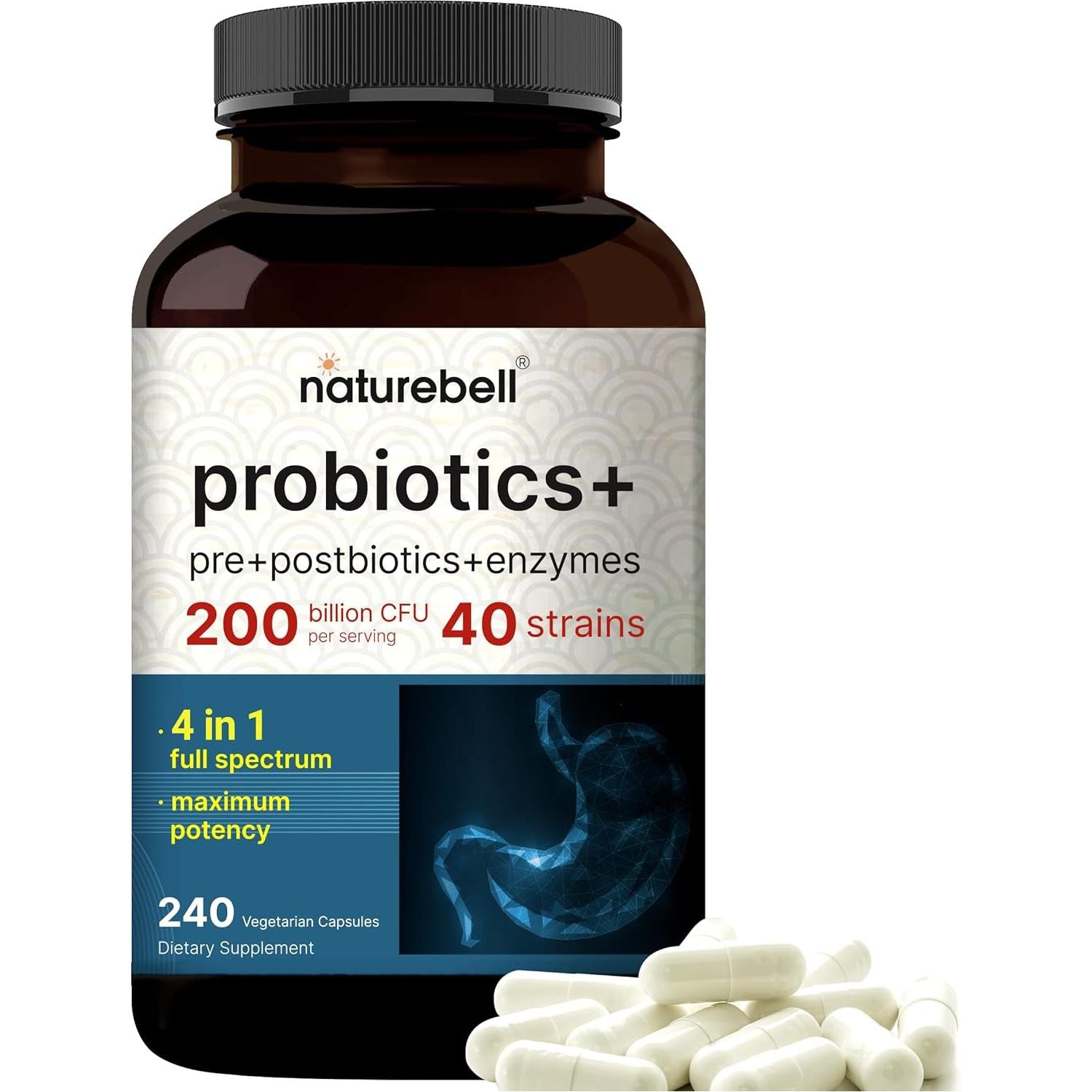 NatureBell Probiotics + Pre + Postbiotics + Enzymes – 240 Vegetarian Capsules | 5-in-1 Gut & Digestive Support