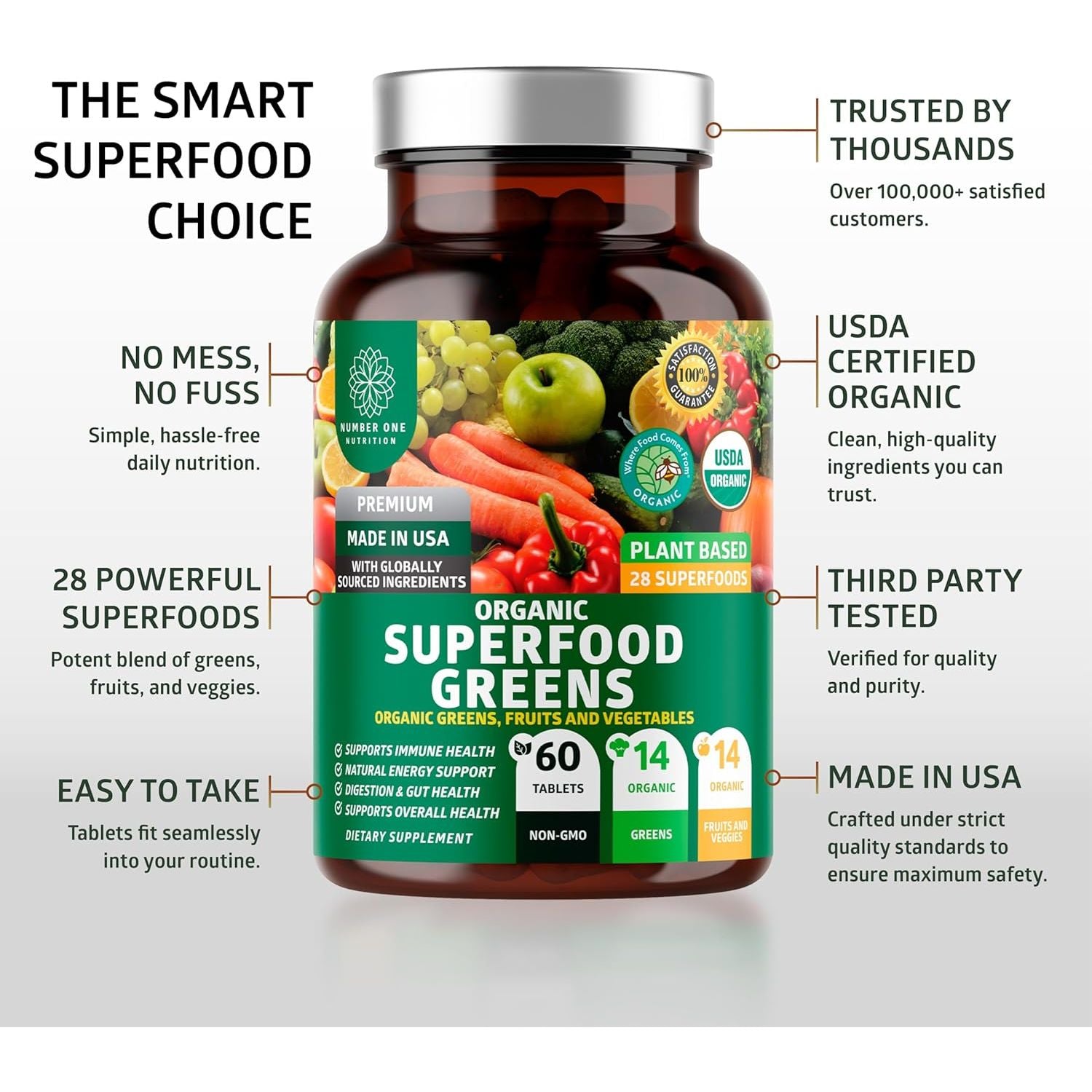 Number One Nutrition USDA Organic Superfood Greens - 60 Tablets