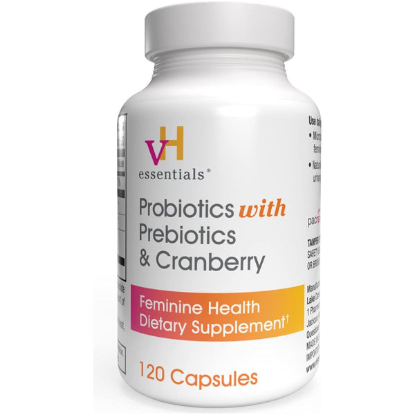vH essentials Probiotics with Prebiotics & Cranberry – 120 Capsules | Triple-Action Feminine & Urinary Tract Health Support