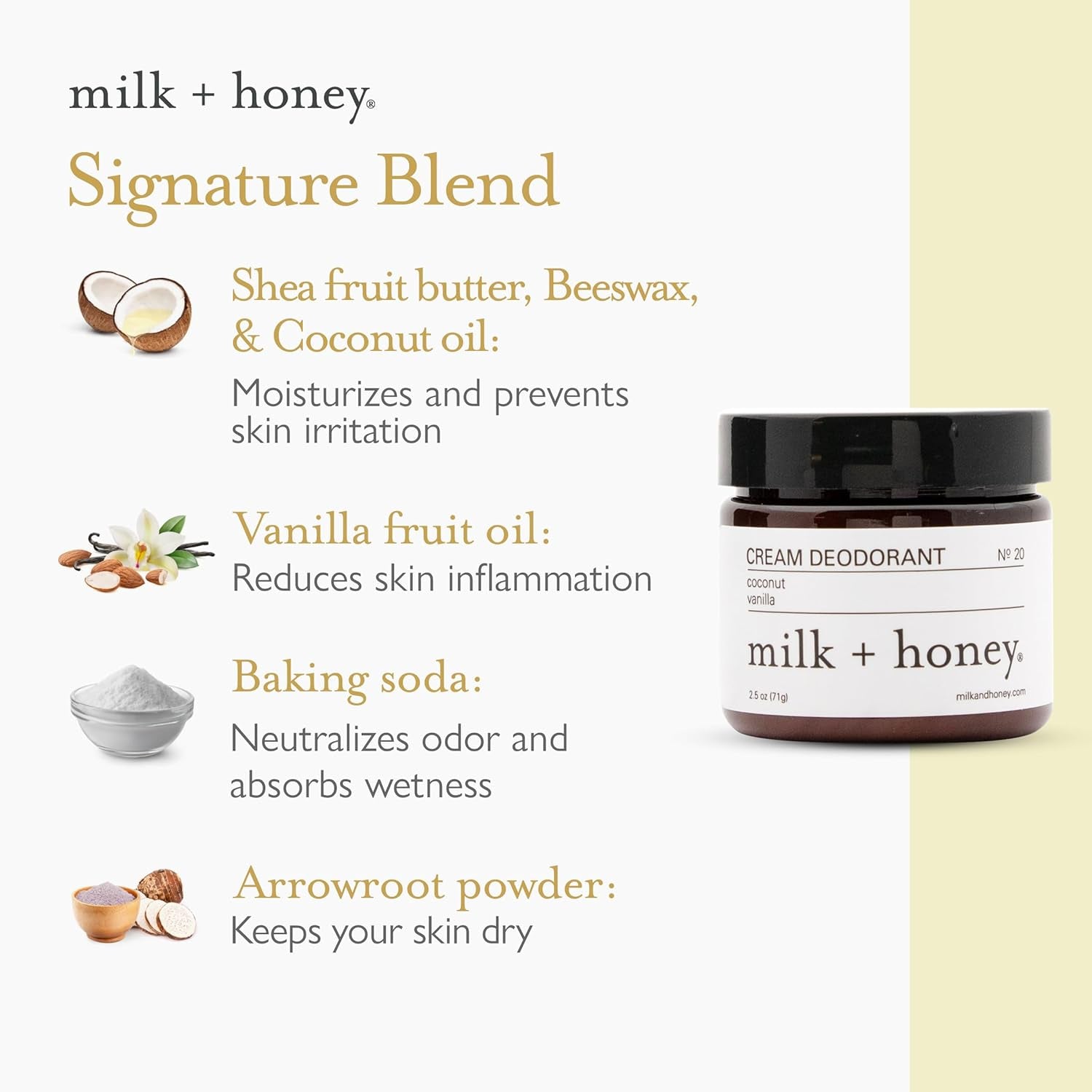milk + honey Cream Deodorant No. 20 – 71g | Natural Deodorant with Coconut & Vanilla | Aluminum-Free, Sensitive Skin Safe