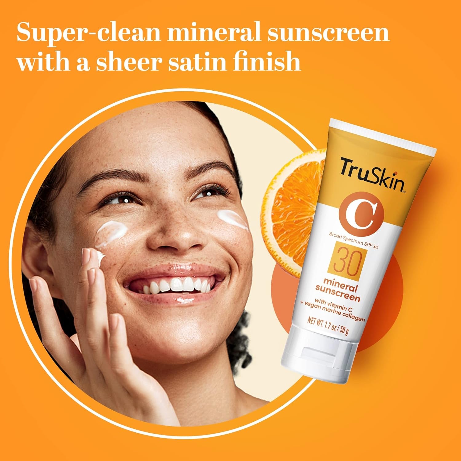 TruSkin Broad Spectrum SPF 30 Mineral Sunscreen with Vitamin C + Vegan Marine Collagen – 50g | Daily UV Protection & Anti-Aging Skincare