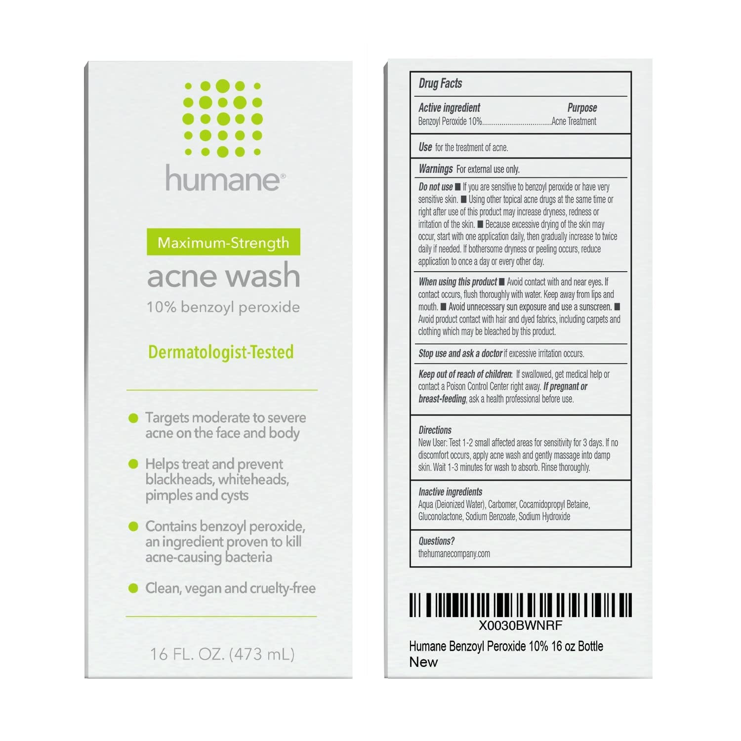 Humane Maximum-Strength Acne Wash – 473ml | 10% Benzoyl Peroxide Body & Face Cleanser for Stubborn Acne