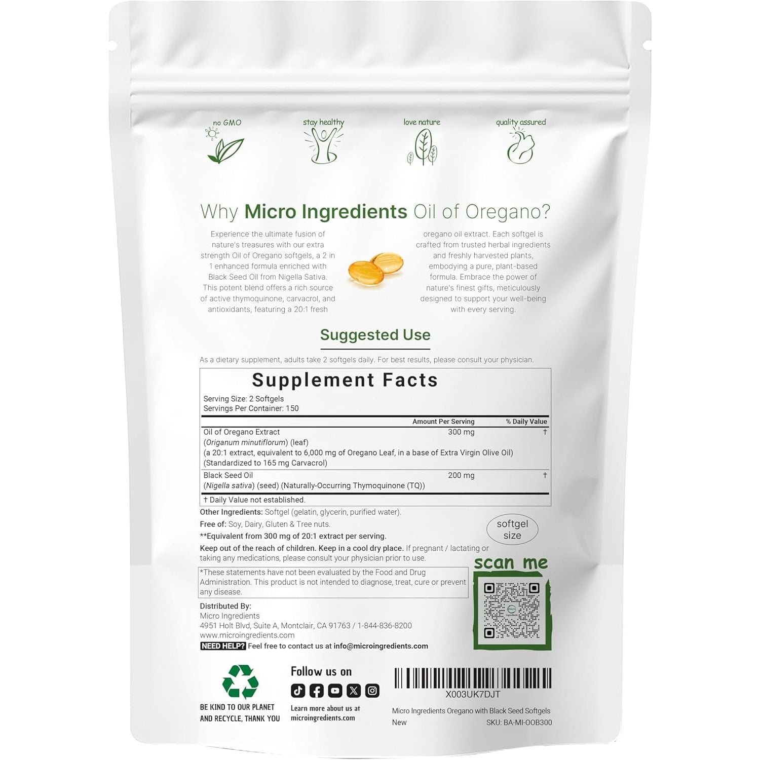 Micro Ingredients Oil of Oregano – 300 Softgels | High-Potency 2-in-1 Formula with Black Seed Oil for Immune & Antioxidant Support