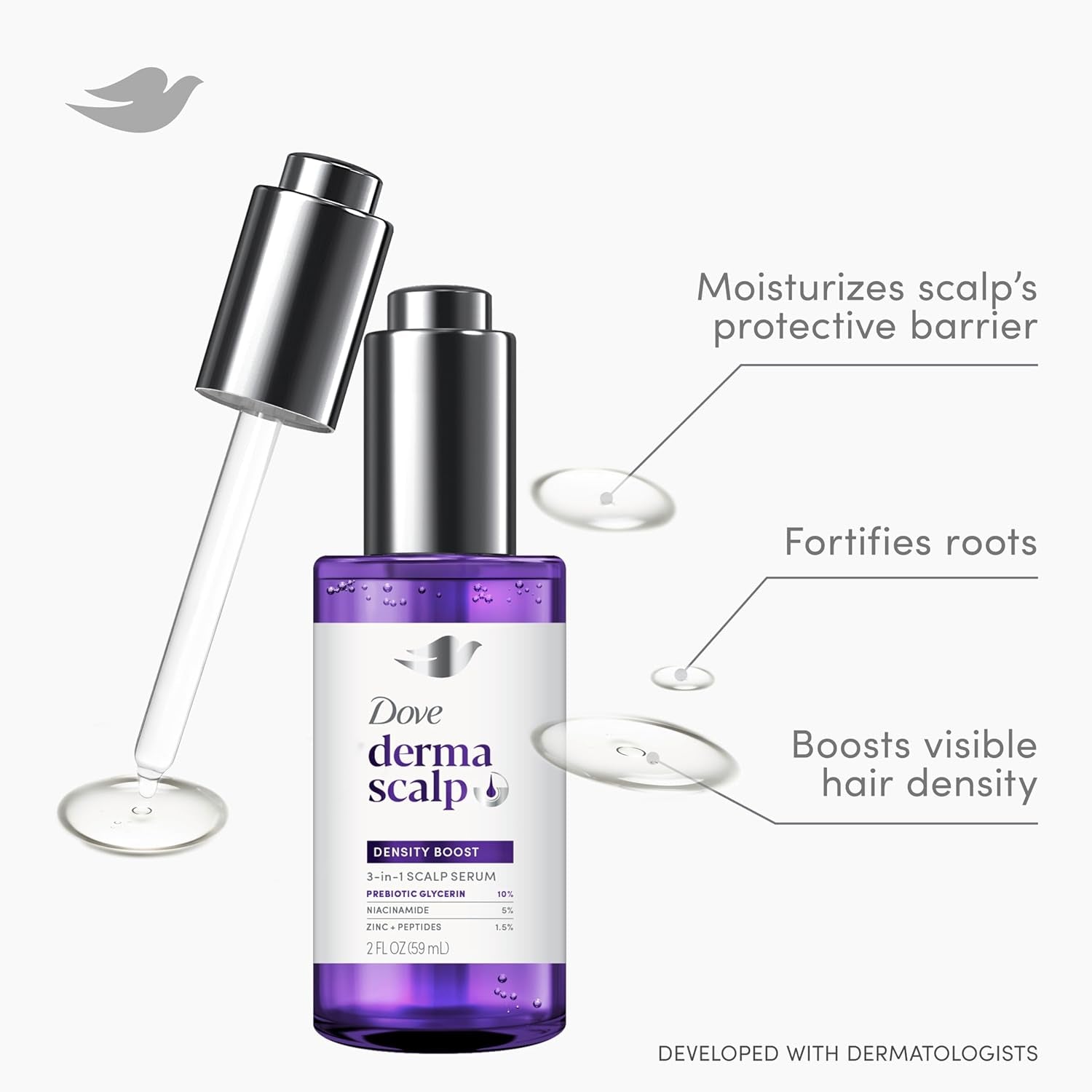 Derma Scalp Density Boost 3-In-1 Scalp Serum 1 Ct with Prebiotic Glycerin, Zinc + Peptides, and Niacinamide for Breakage and Hair Thinning 2 Oz