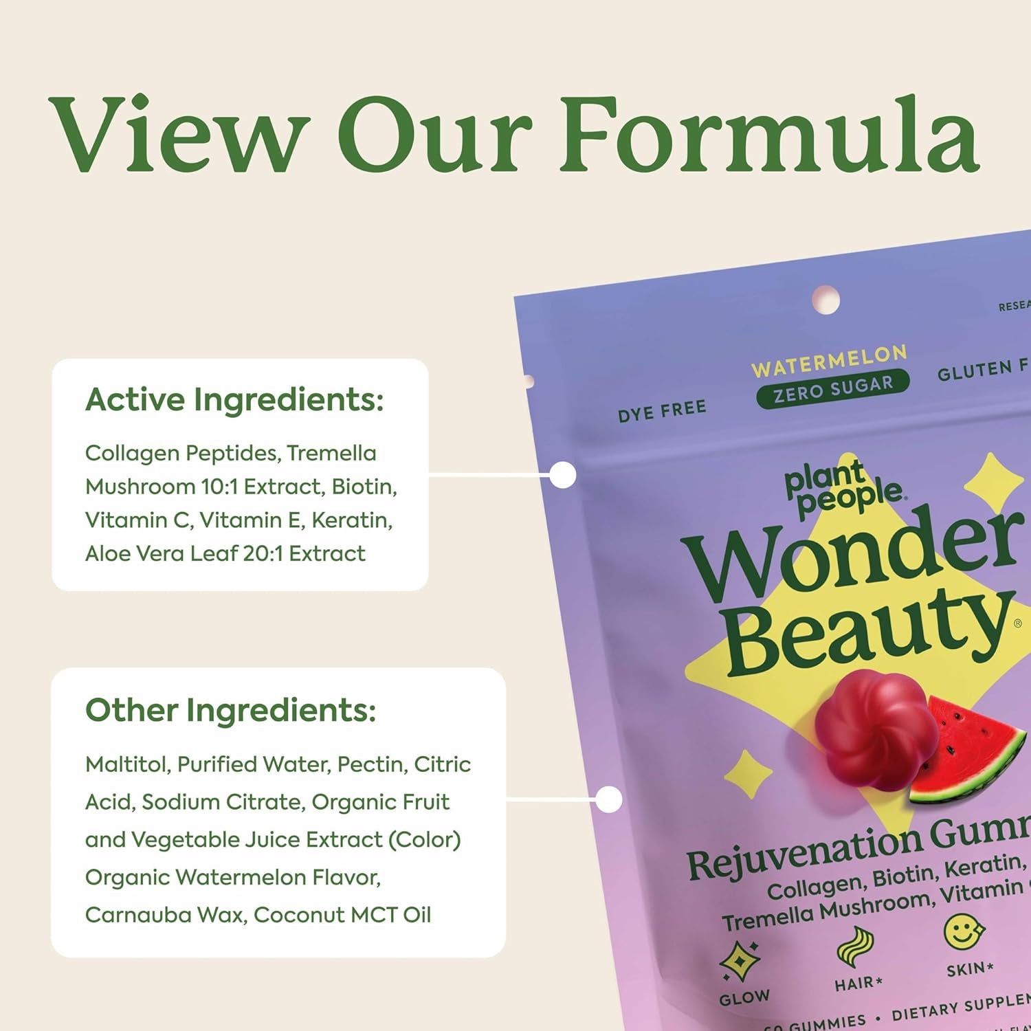 Wonderbeauty Hair, Skin & Nails Rejuvenation Gummies with Tremella Mushroom, Marine Collagen Peptides, Keratin, & Biotin – Watermelon Flavor, 60 Gummies