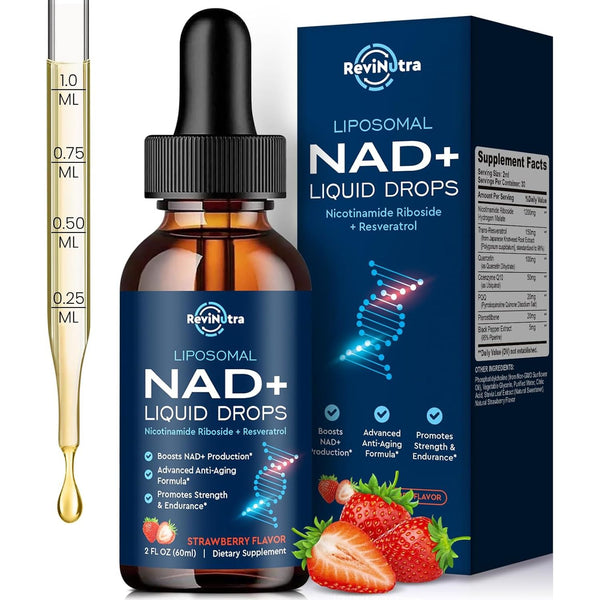 Liposomal NAD+ Liquid Supplement, Nad Resveratrol Supplement for Women & Men, Nicotinamide Riboside with PQQ, Coq10, Quercetin for Anti-Aging, Brain, Cellular Energy Health, Strawberry Flavor, 2 Fl Oz