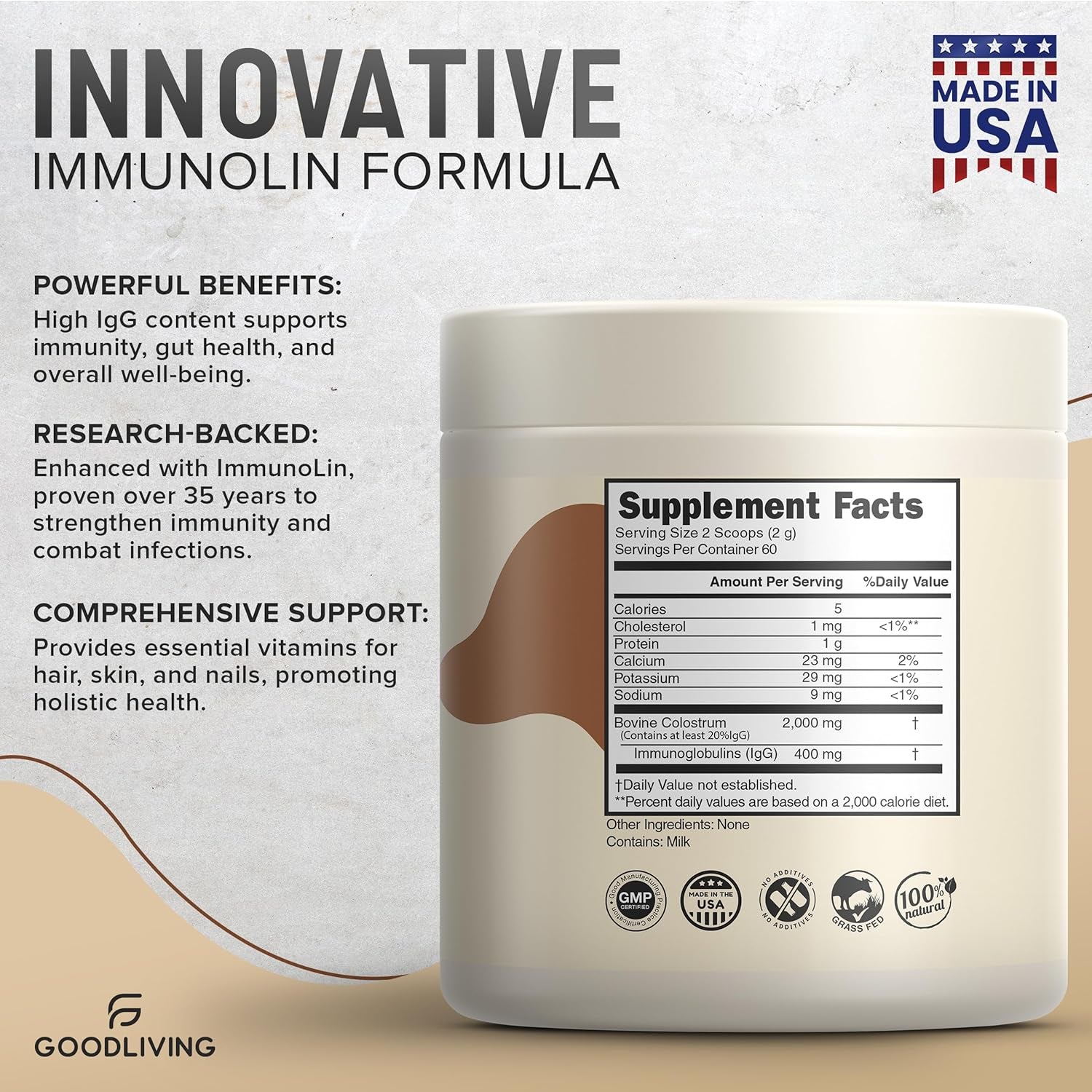 GoodLiving Pure – Grass Fed Colostrum Unflavored Powder – 120g | Immune, Gut & Muscle Support Superfood