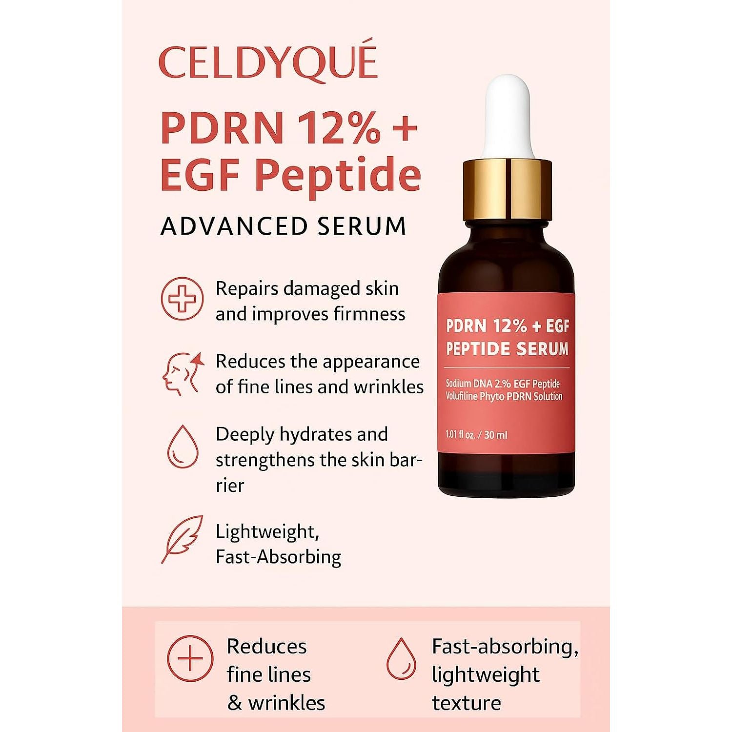 Celdyque PDRN 12% + EGF Peptide Serum – 30ml | Advanced Skin Regeneration & Firming Treatment