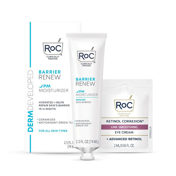 RoC Barrier Renew PM Moisturizer (74ml) with Retinol Correction Line Smoothing Eye Cream Packette (2ml)
