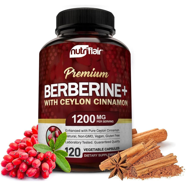 Premium Berberine HCL 1200Mg, 120 Capsules - plus Pure True Ceylon Cinnamon, Berberine HCI Root Supplements Pills - Immune System, Healthy Weight Management