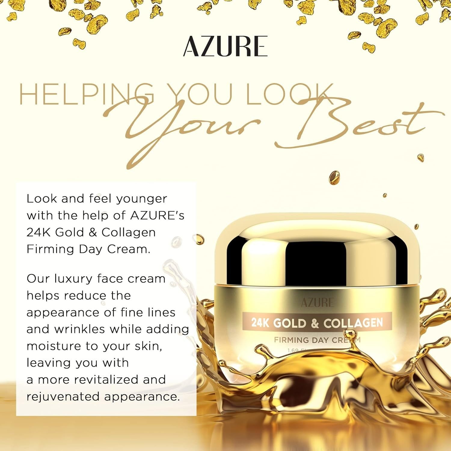 Azure Cosmetics 24K Gold & Collagen Firming Day Cream – 50ml | Radiance-Boosting, Lifting Moisturizer