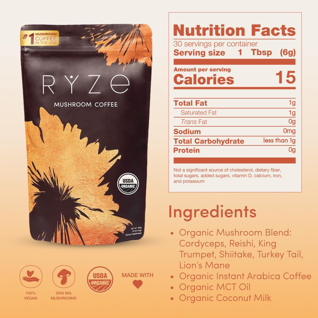 RYZE Superfoods Mushroom Coffee – 180g, 30 Servings | Adaptogenic Energy, Focus & Immunity Support