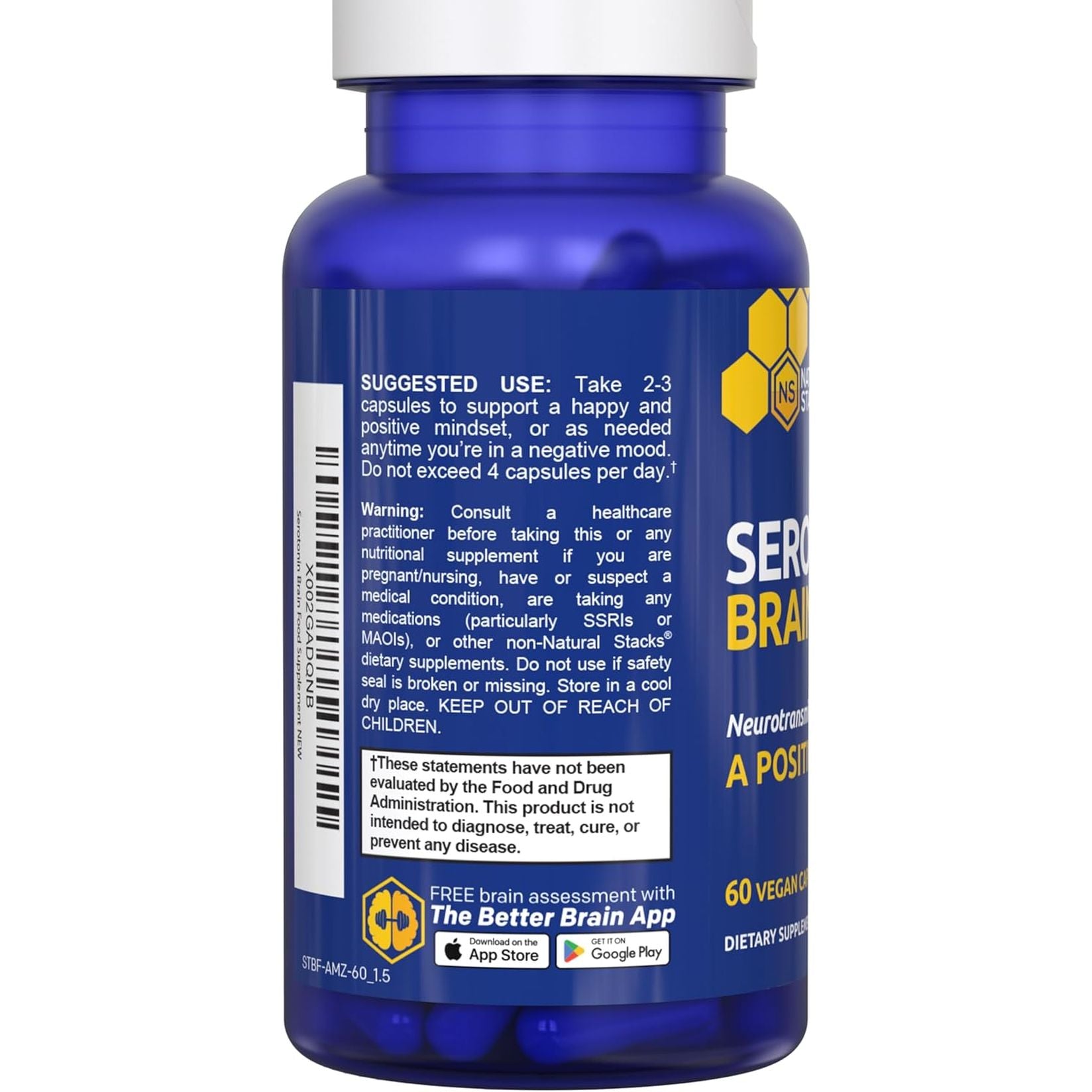 Serotonin Brain Food - 1250Mg L-Tryptophan & 400Mg Rhodiola Rosea Supplement - Mood Support Supplement for Stress Relief - Neurotransmitter Support with Magnesium Glycinate & Zinc - 60 Capsules