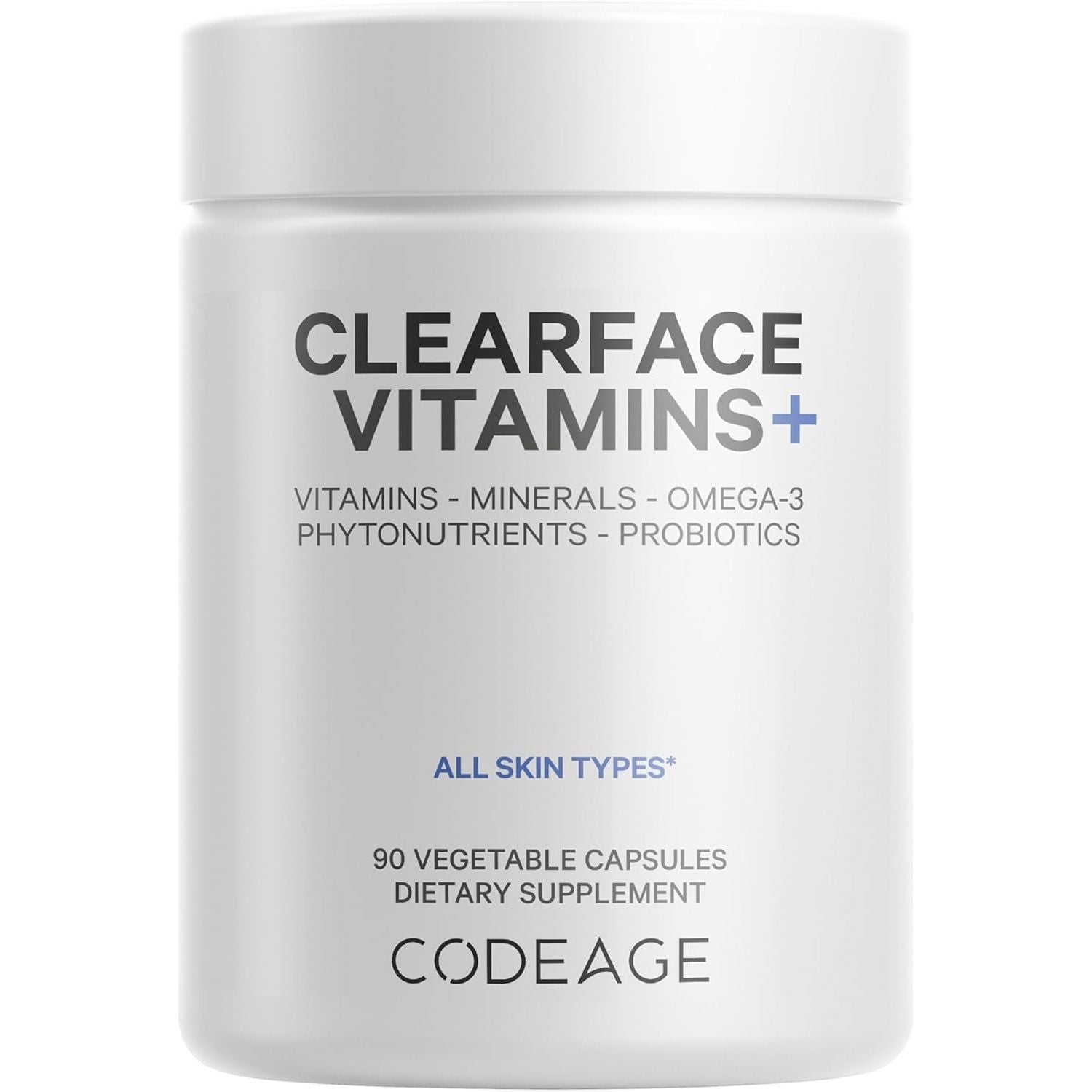 Codeage Clearface Vitamins+ (White) – 90 Capsules | Advanced Acne Support with Probiotics, Omega-3 & Skin-Loving Nutrients