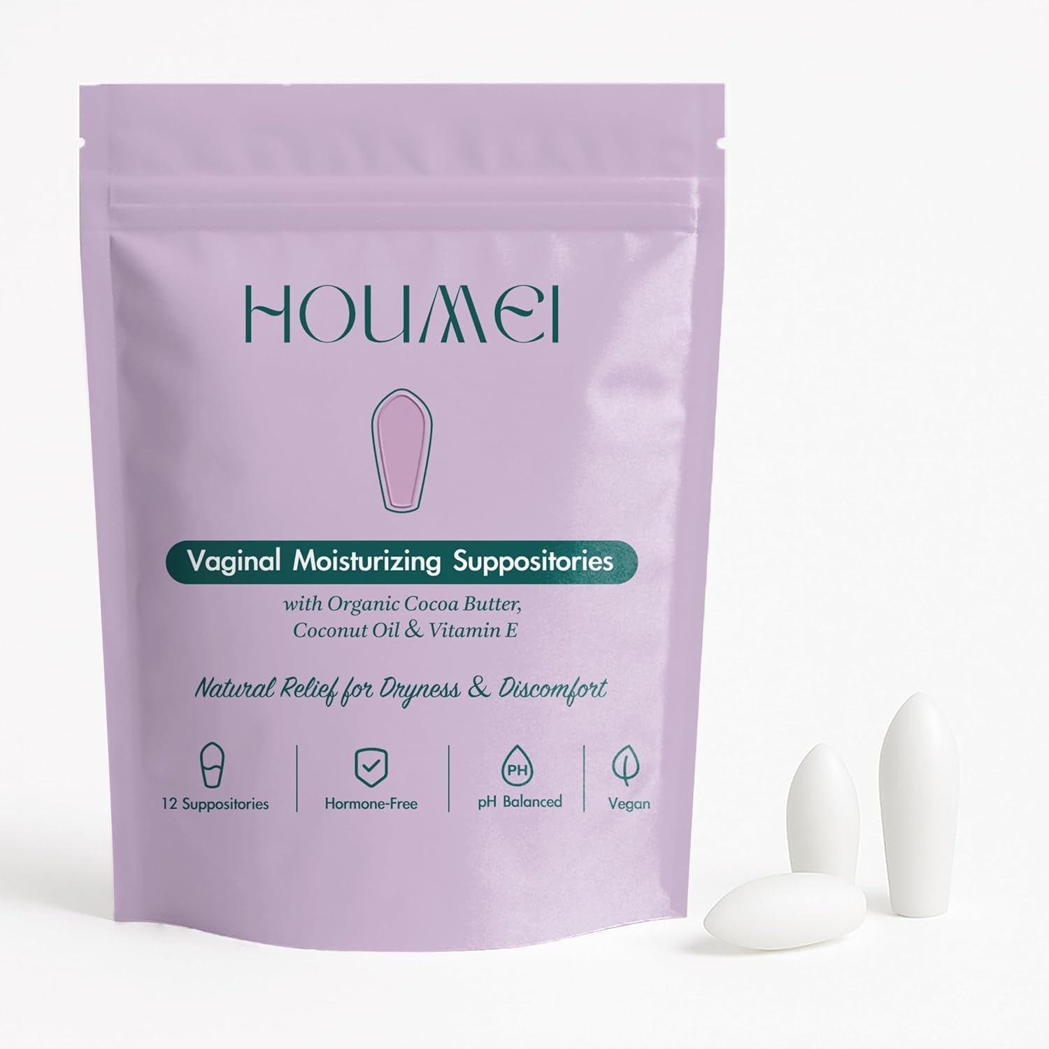 Houmei Vaginal Suppositories with Vitamin E and Hyaluronic Acid, Organic Feminine Moisturizer for Dryness & Discomfort Relief, Ph-Balanced Natural Feminine Care, 12 Counts