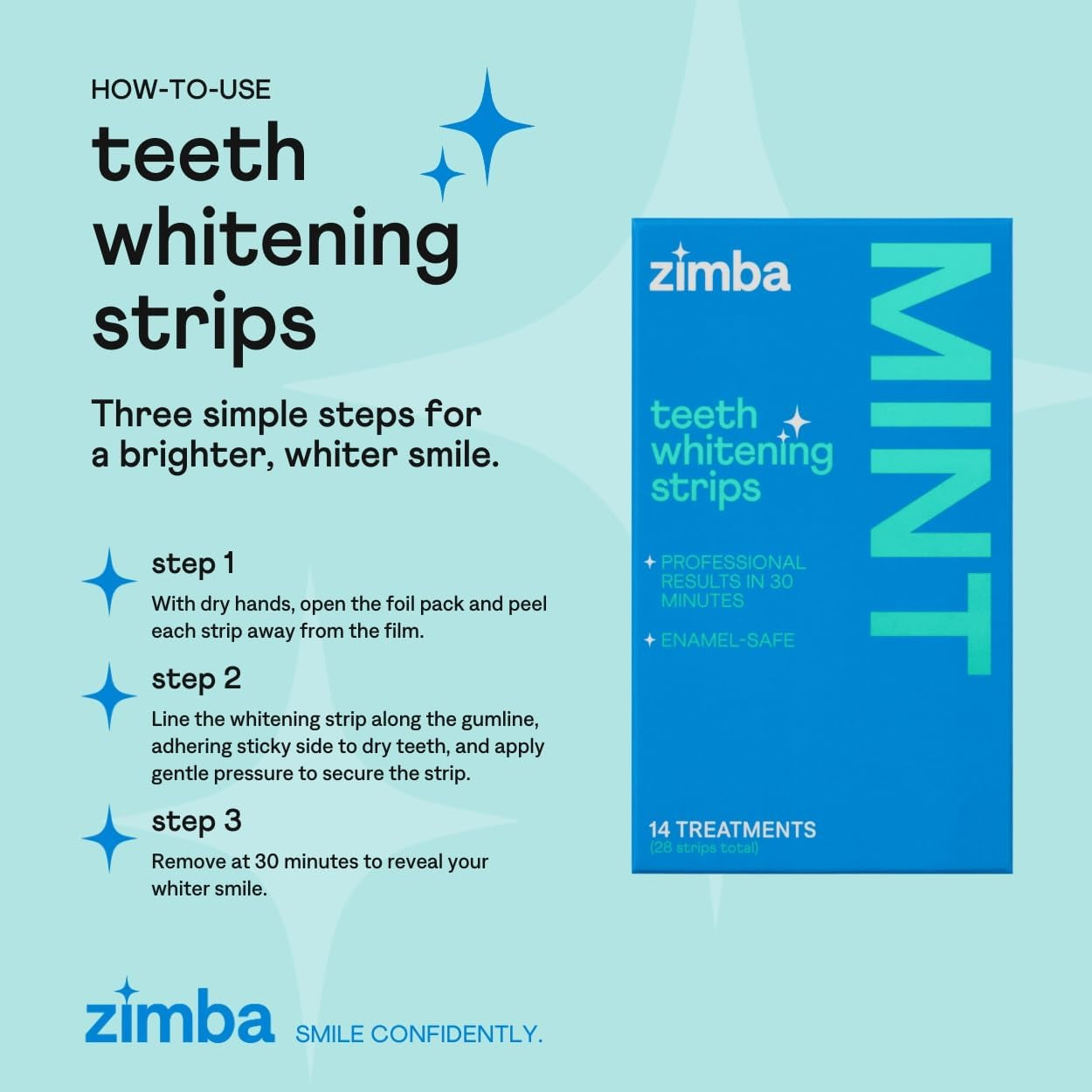 Zimba Mint Teeth Whitening Strips – 14 Treatments (28 Strips) | Whiten Teeth, Remove Stains & Refresh Breath