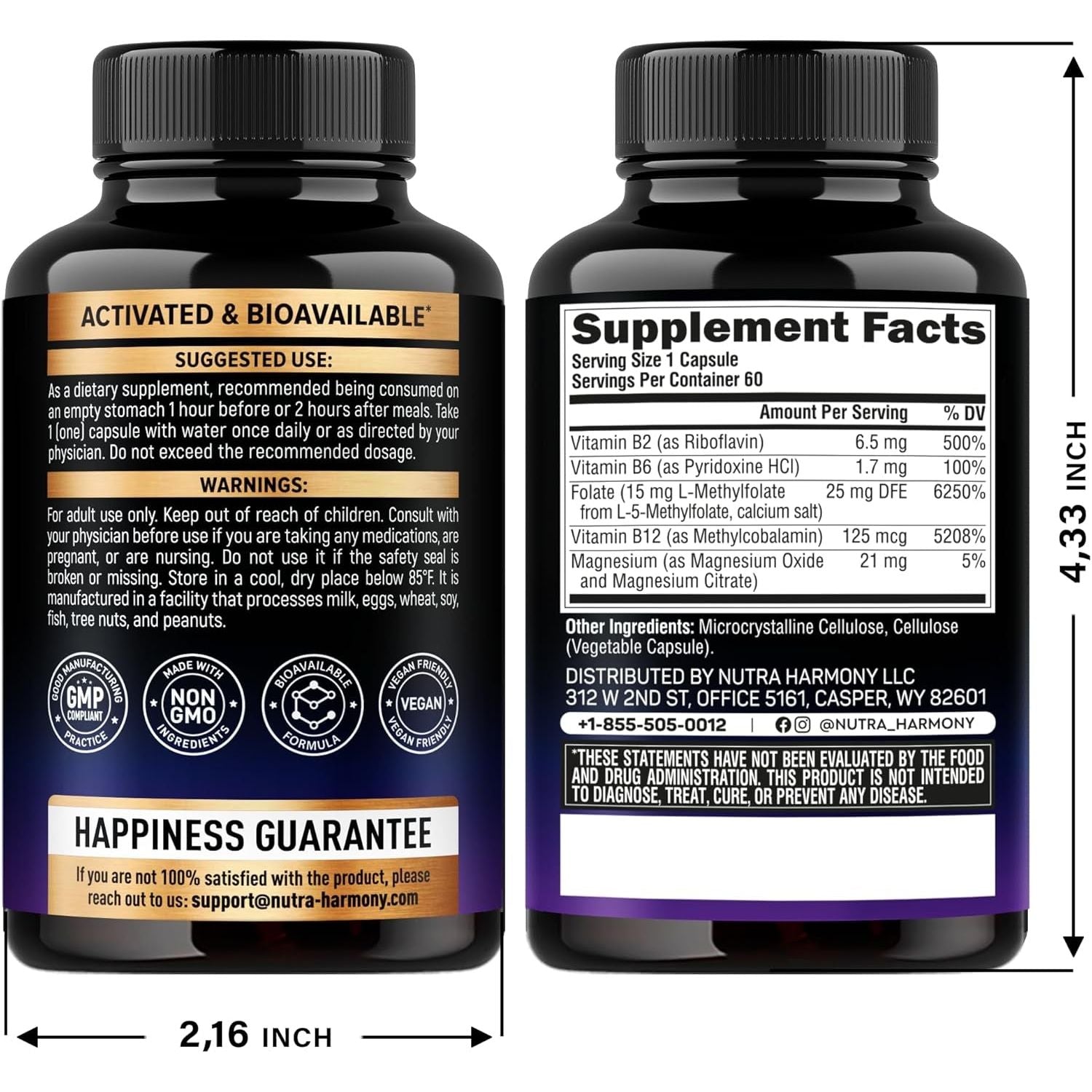 NUTRAHARMONY 5-MTHF Methylfolate Supplement – 60 Capsules | High-Potency Active B9 with B2, B6, B12 & Magnesium
