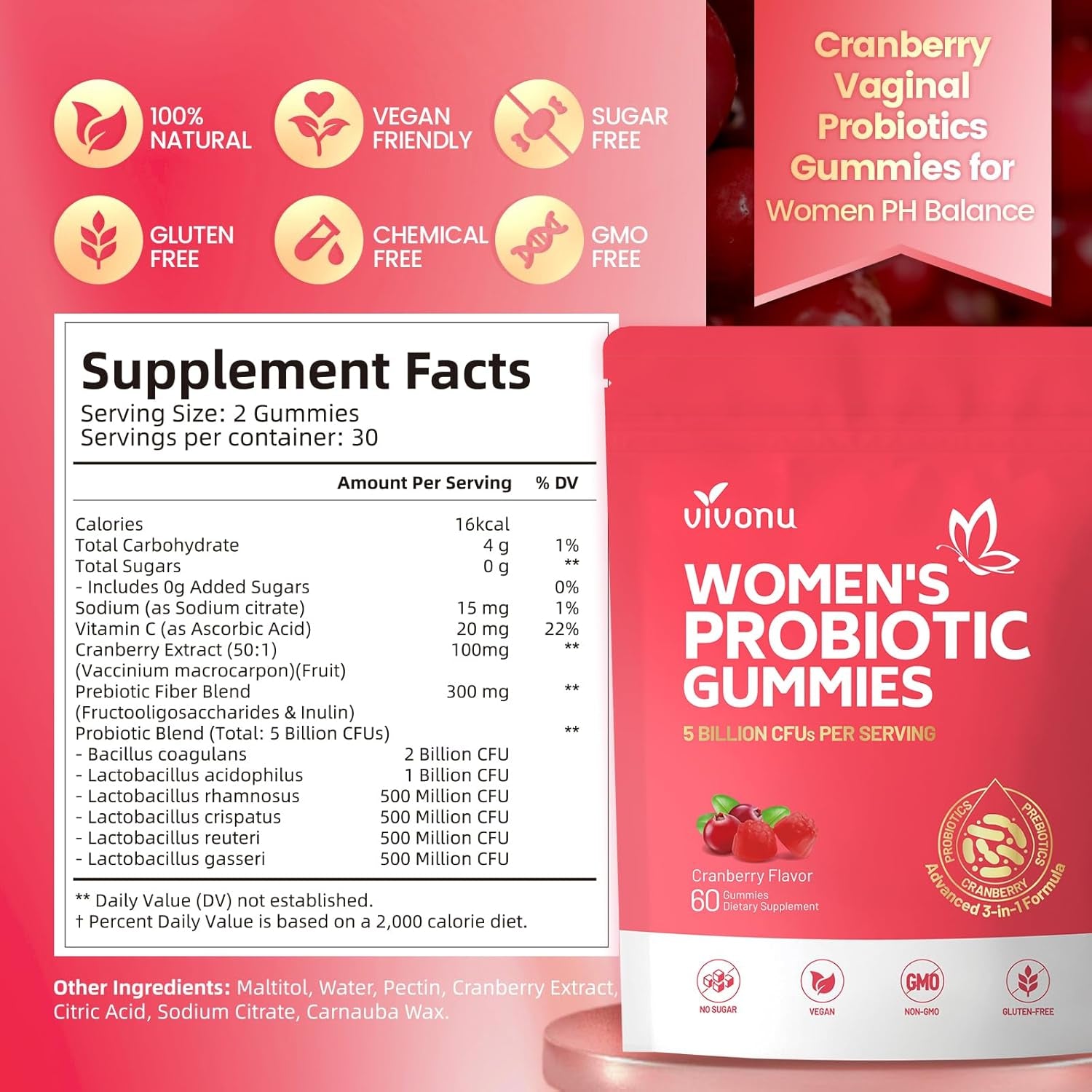 VivoNu Women’s Probiotic Gummies (Cranberry Flavor) – 60 Gummies | Vaginal Balance, pH Support & Digestive Health