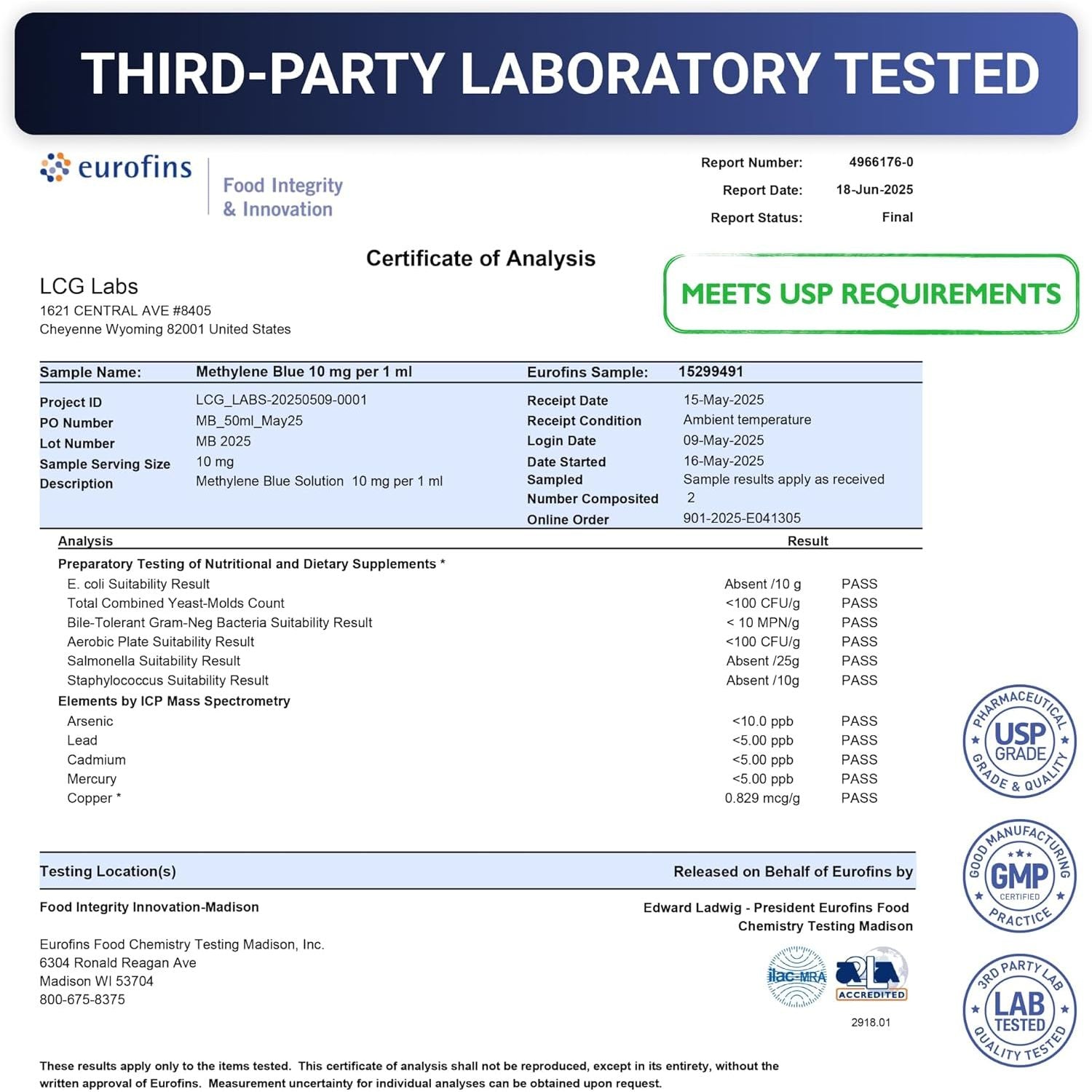 LCG LABS Methylene Blue 1% Solution – 100ml | Cellular Antioxidant Support & Mitochondrial Health Booster