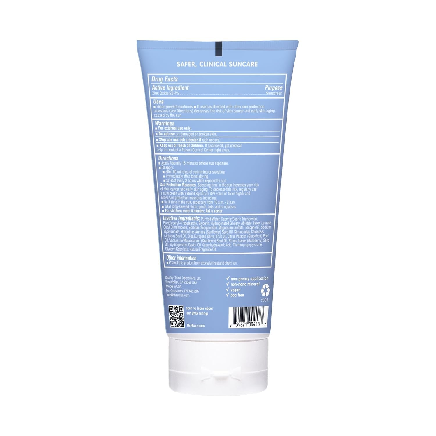 Thinksport Zinc Oxide Sunscreen SPF 50 – 177ml | Broad Spectrum, Reef-Safe Mineral Sun Protection for Active Lifestyles