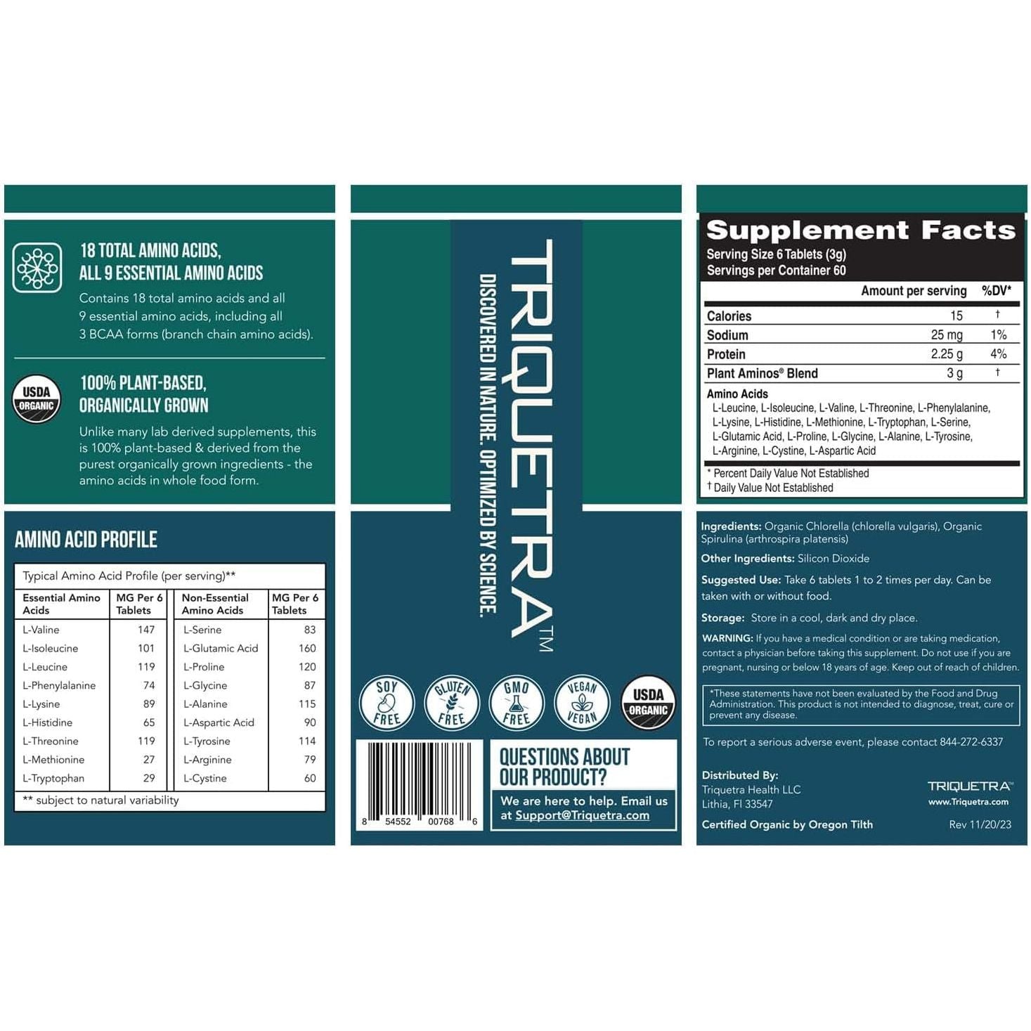 Triquetra Health Plant Aminos – 360 Tablets | 100% Organic Plant-Based Essential Amino Acids for Muscle Recovery, Energy & Performance
