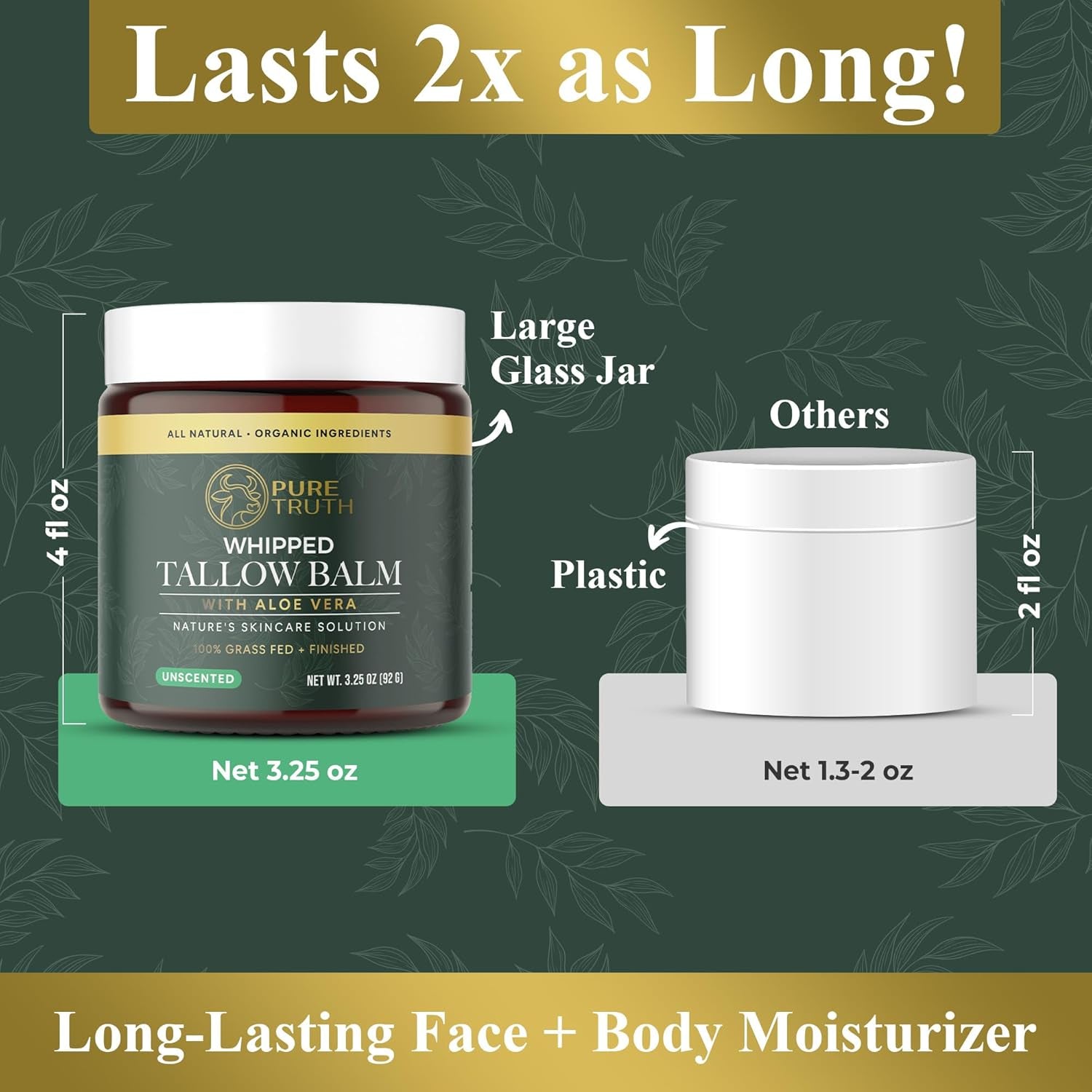 Whipped Tallow and Honey Balm (Unscented), Beef Tallow for Skin Care, Grass Fed + Finished Tallow Moisturizer Cream for Face & Body W/Organic Honey, Aloe Vera, Jojoba Oil, Men Women 3.25Oz