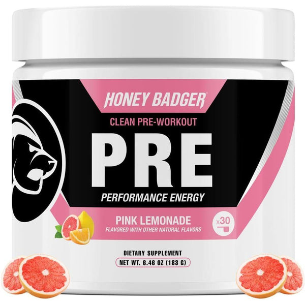 Honey Badger Clean Pre-Workout (Pink Lemonade Flavor) – 183g | Natural Energy, Focus & Endurance with Zero Crash