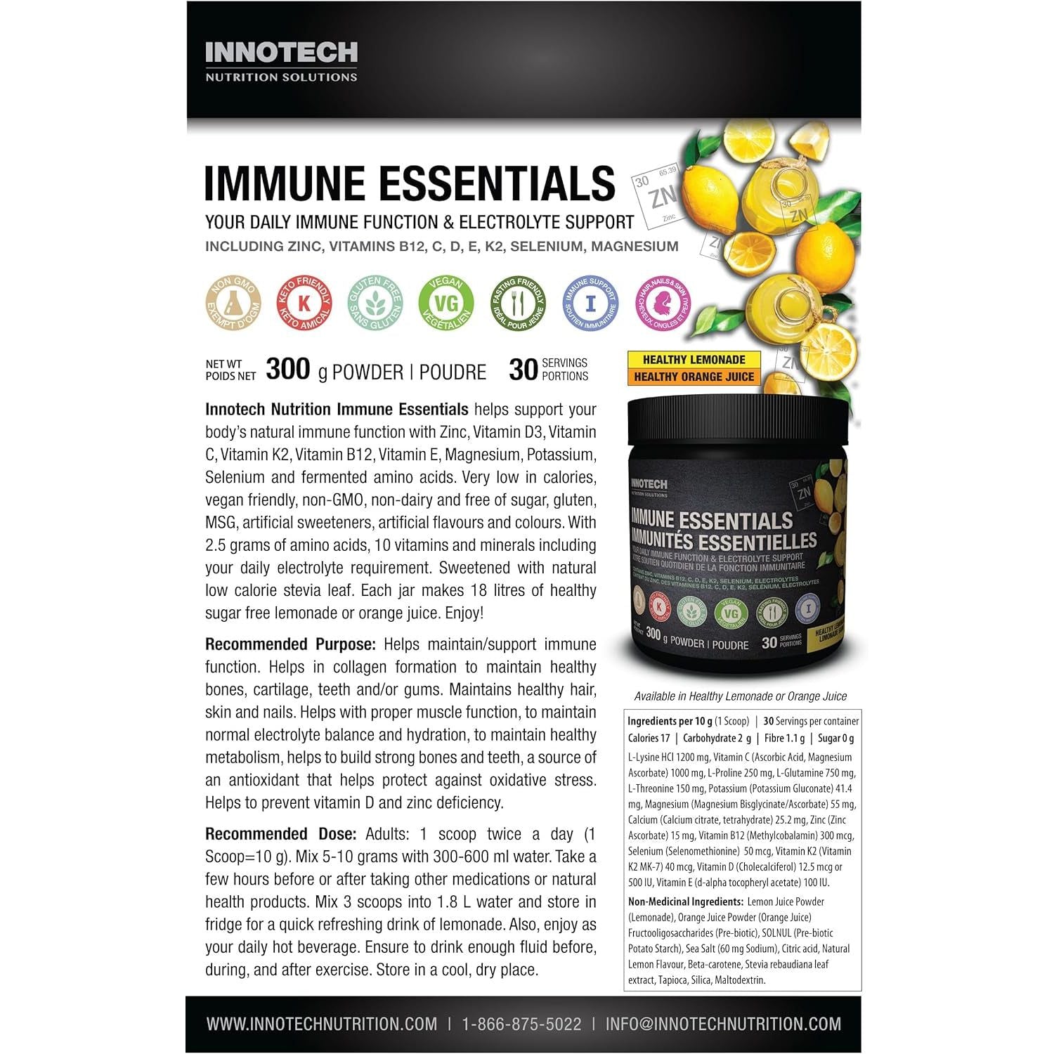 Innotech Nutrition Solutions Immune Essentials – 300g, Lemon Flavour | Daily Immune Support with Zinc, Prebiotics & Electrolytes