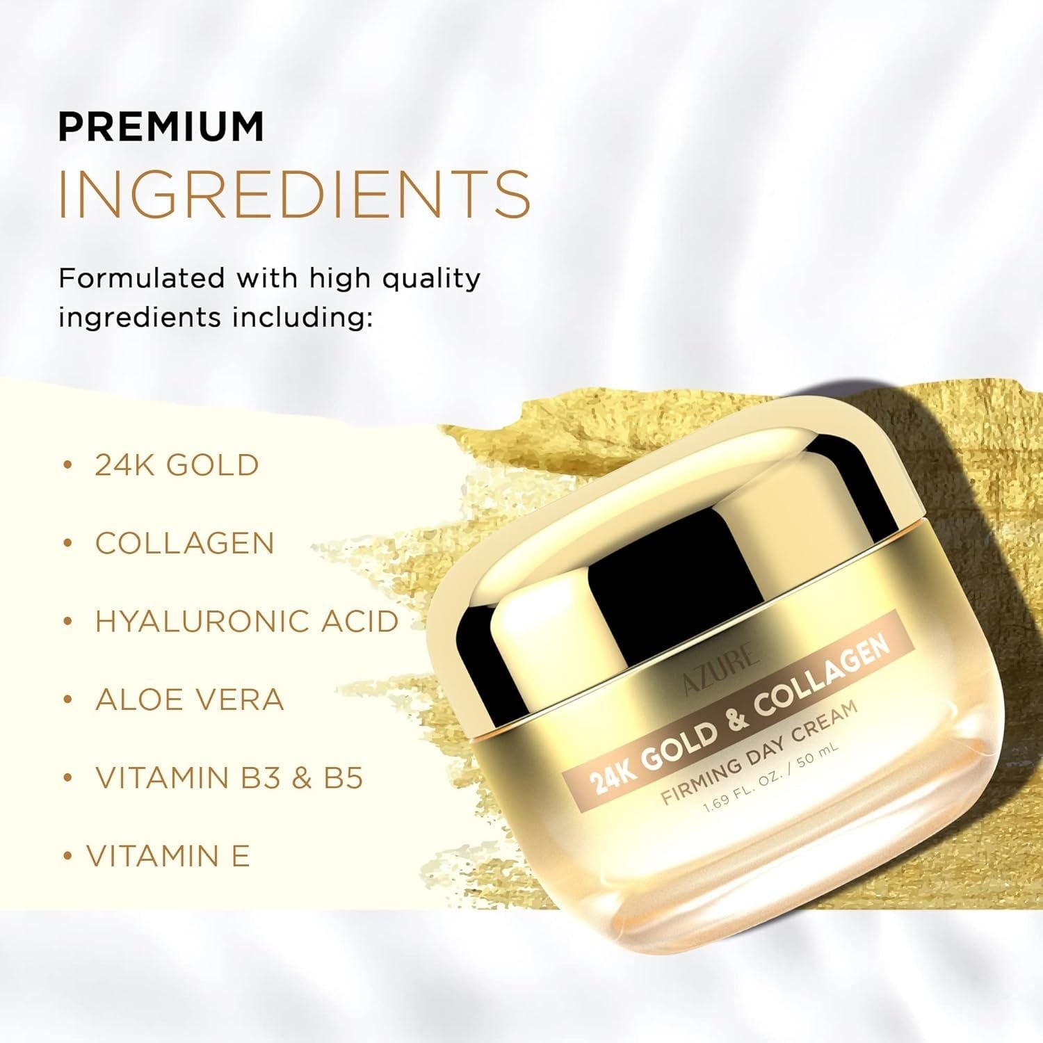 Azure Cosmetics 24K Gold & Collagen Firming Day Cream – 50ml | Radiance-Boosting, Lifting Moisturizer