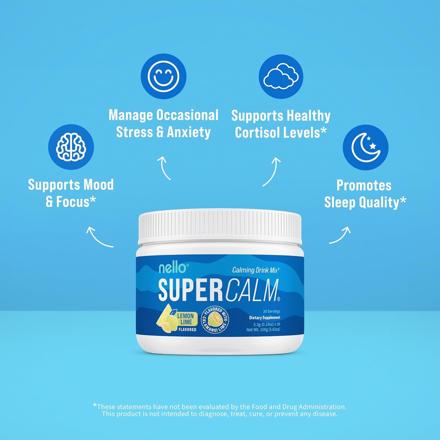 Nello Supercalm Calming Drink Mix+ – 150g (Lemon Lime) | Relaxation, Stress Relief & Mood Balance Support