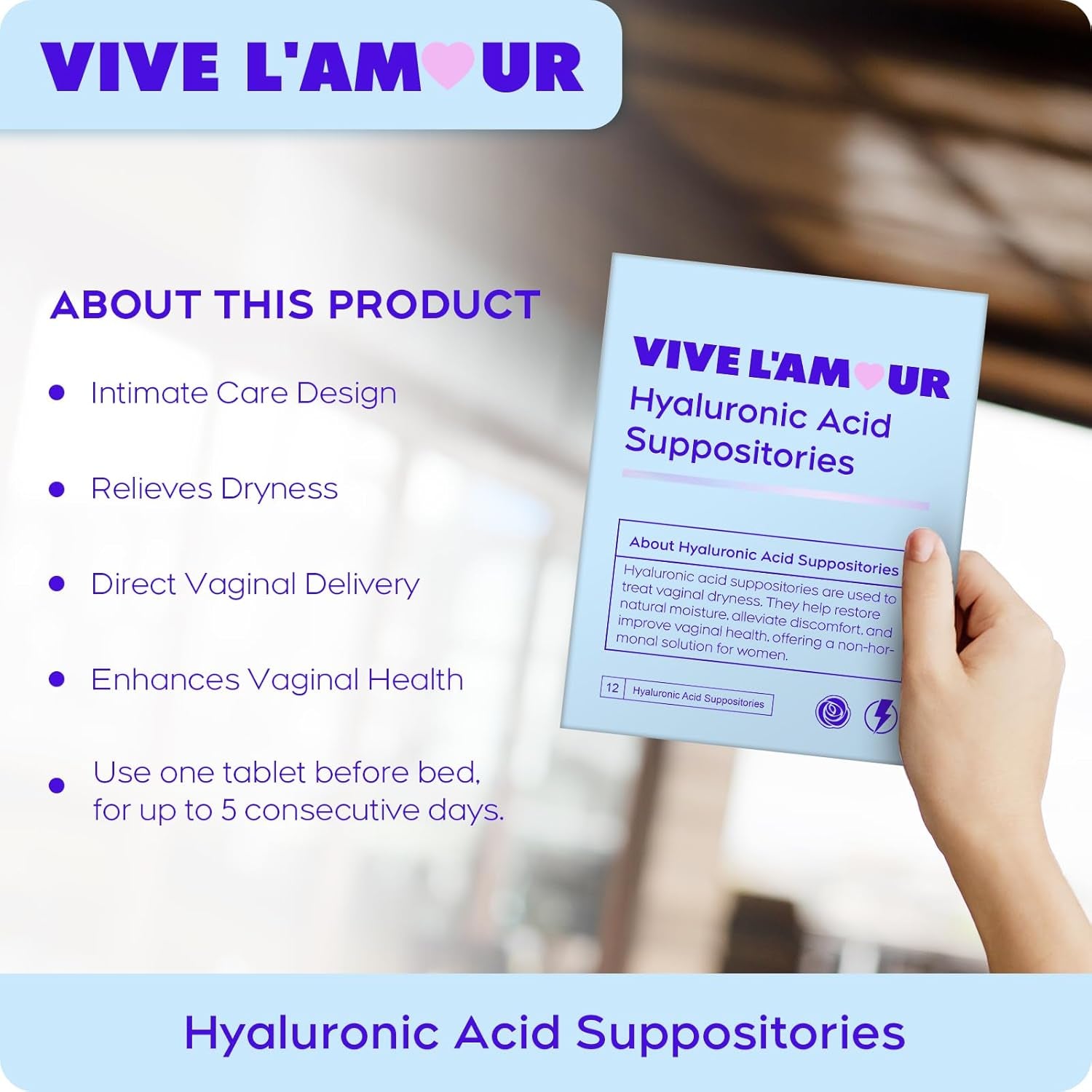 Vive L'Amour 1.5% Hyaluronic Acid Vaginal Suppositories, Vaginal Moisturizer, Continuous Hydration, Relieves Dryness, Restores Natural Softness & Elasticity, Enhances Vaginal Health (12 Inserts)