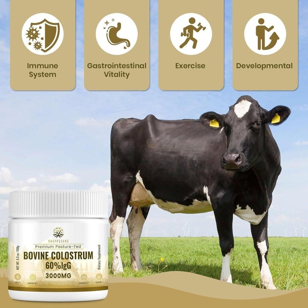 Bovine Colostrum Powder Supplement 3000 Mg - Extra High 60% Igg Bovine Colostrum - Gut, Bone, Exercise, Immune - 50 Servings (1 Bottle) - Glam Global UK