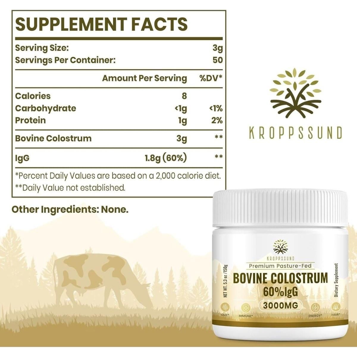 Bovine Colostrum Powder Supplement 3000 Mg - Extra High 60% Igg Bovine Colostrum - Gut, Bone, Exercise, Immune - 50 Servings (1 Bottle) - Glam Global UK