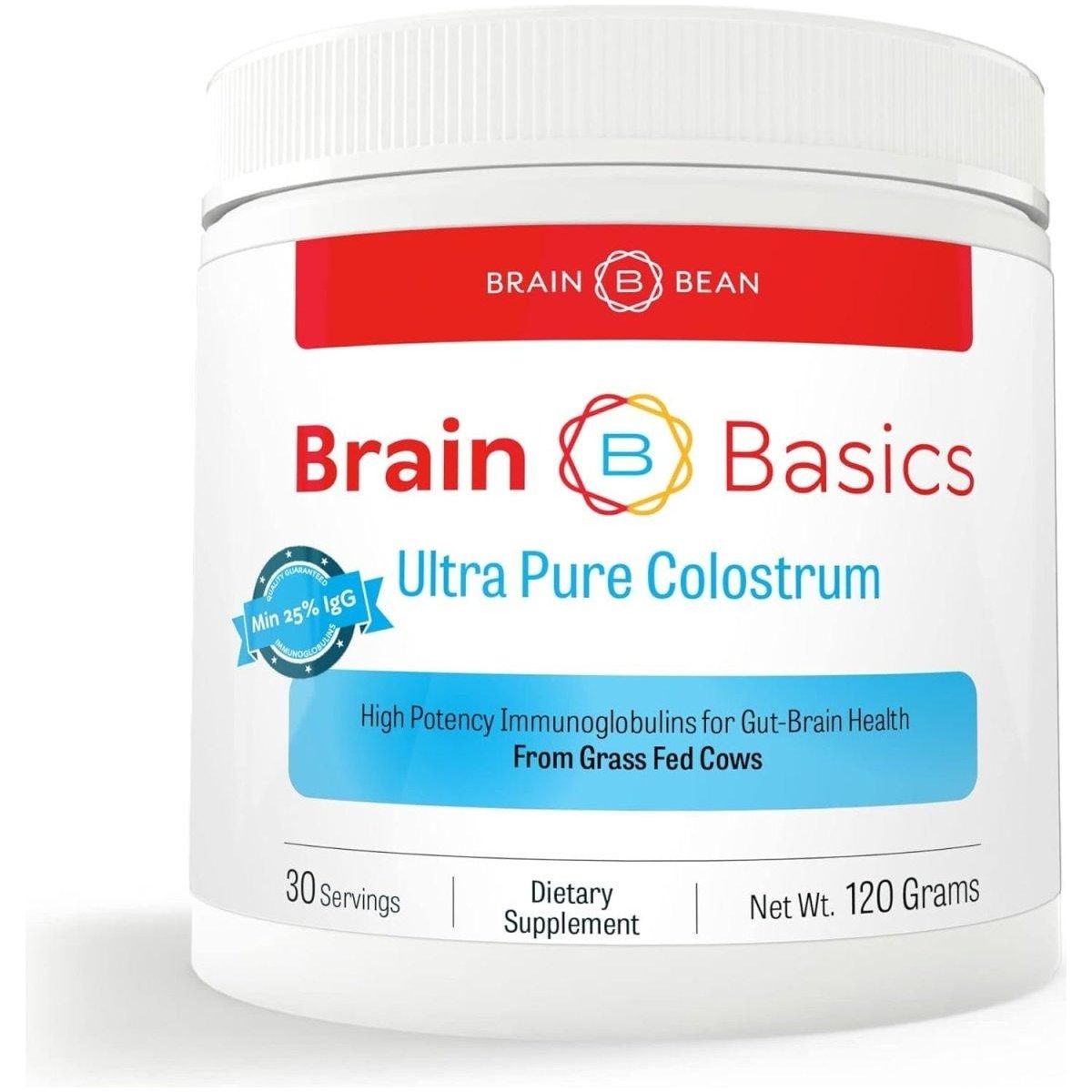 Brain Basics Ultra - Pure Colostrum, 4000Mg per Serving, Min 25% Igg Antibodies, Gut - Brain - Immune Health, Glowing Hair and Skin. Colostrum Powder from Grass - Fed Cows. 120 Grams - 30 Servings - Glam Global UK